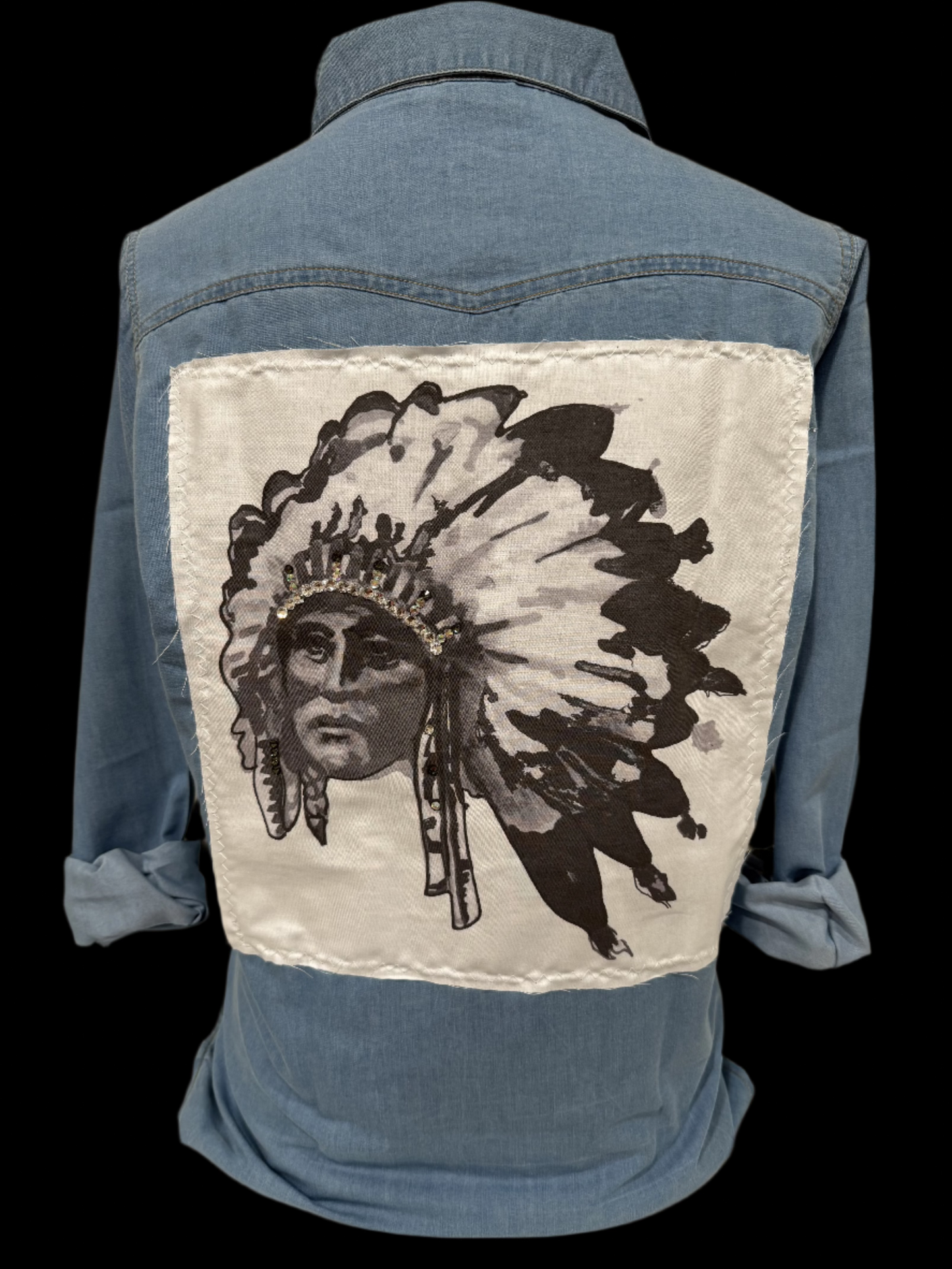 B&W Headdress Indian Patch on Denim Chambray