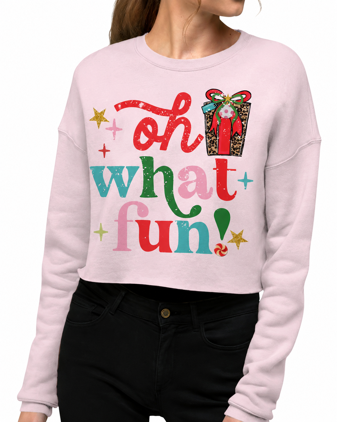 2025 Oh What Fun on Cropped Pink Sweatshirt