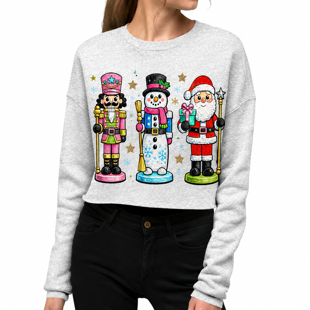 3 Nutcrackers on Cropped Heathered Gray Sweatshirt