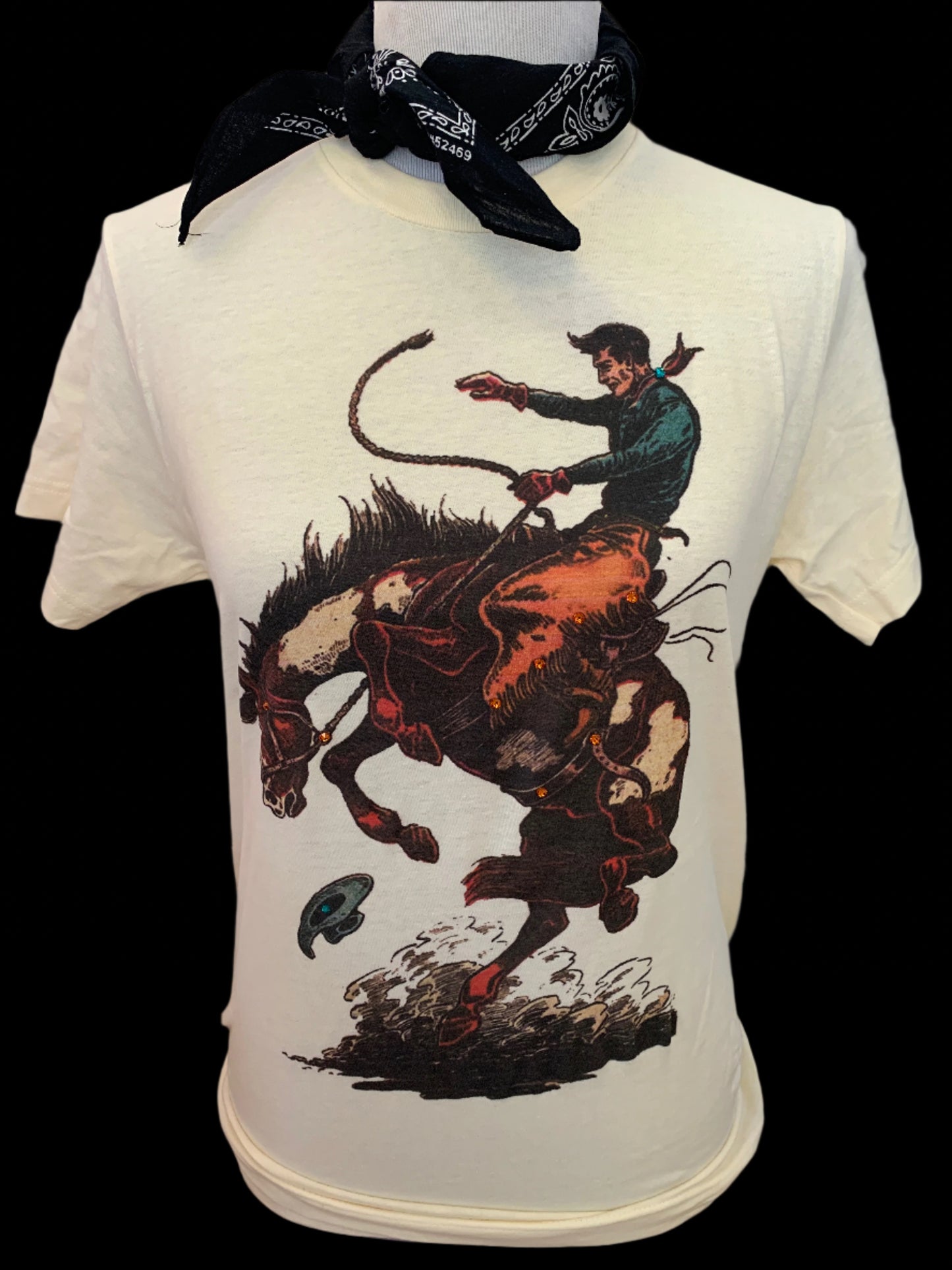 Bronc Rider on (Natural, SB Hth Grey, Light Pink) Crew OR (SB Black, Patch Bleached) Sweatshirt