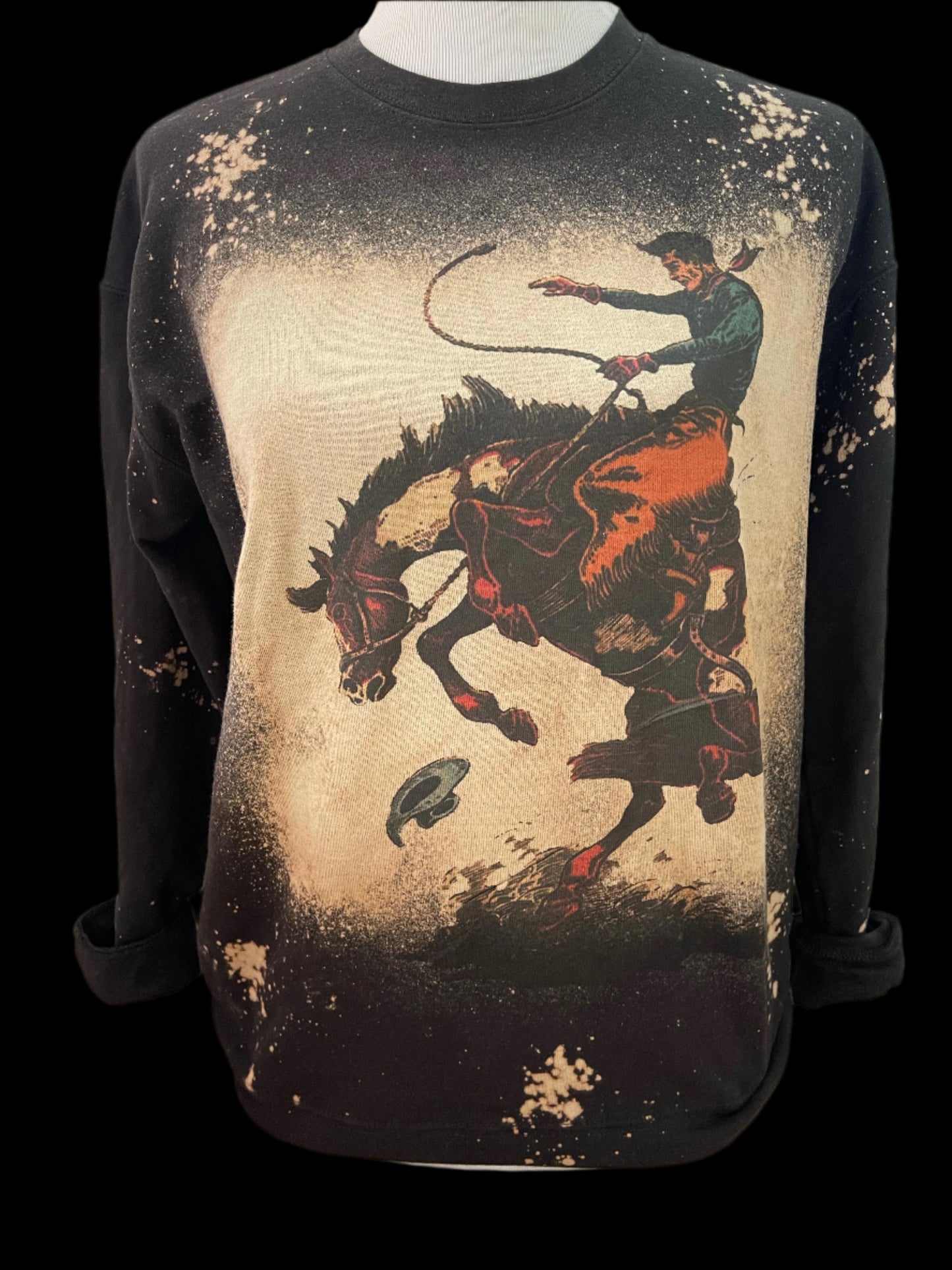 Bronc Rider on (Natural, SB Hth Grey, Light Pink) Crew OR (SB Black, Patch Bleached) Sweatshirt
