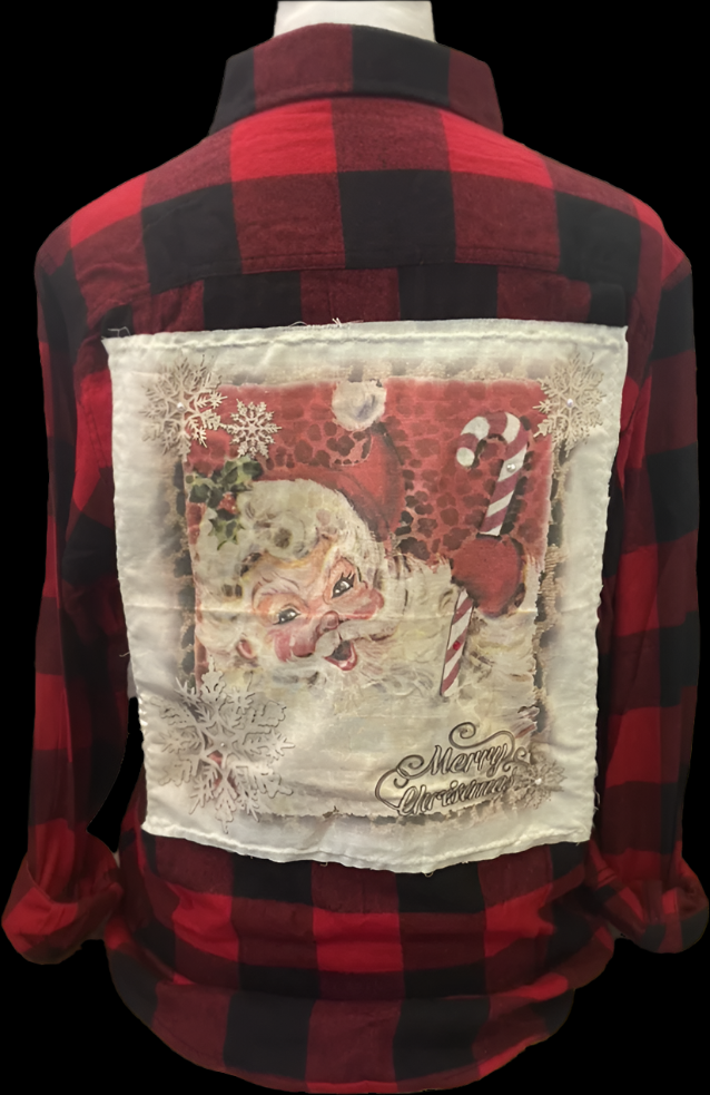Candy Cane Santa on Natural Crew OR Red/Black Buffalo Flannel