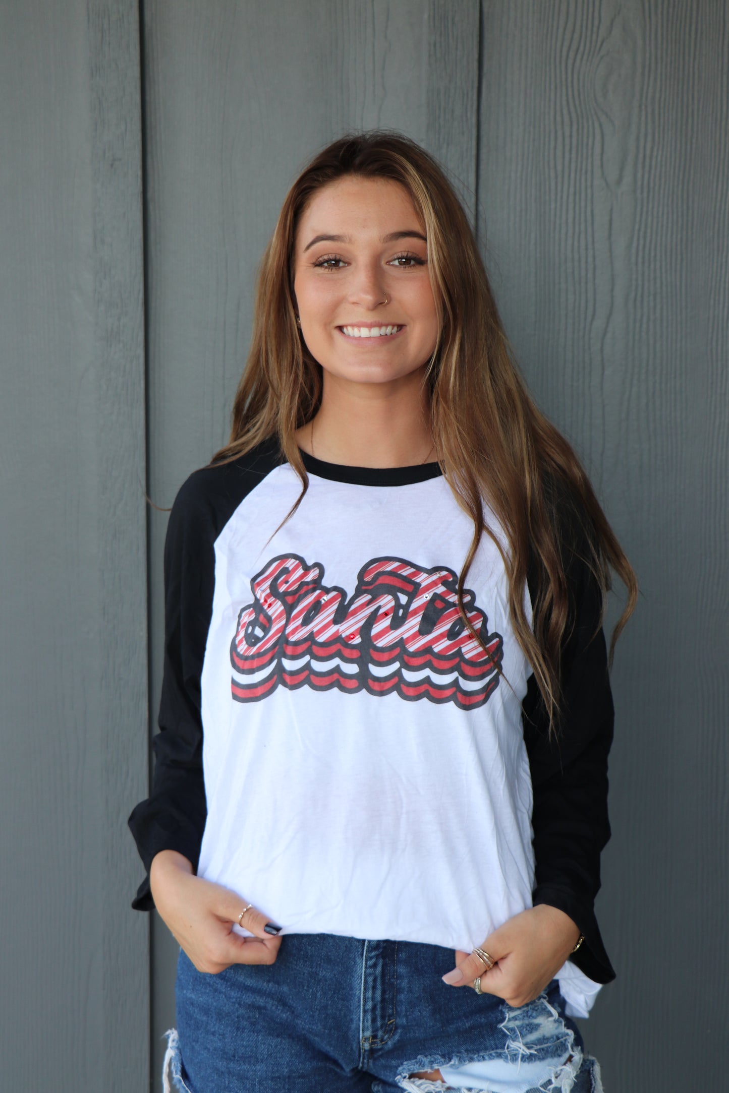 Candy Cane Stripped Santa on White Crew OR White/Black Raglan - need better / mannequin pics