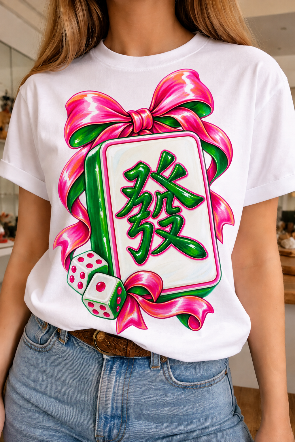 Mahjong Bow on White Crew