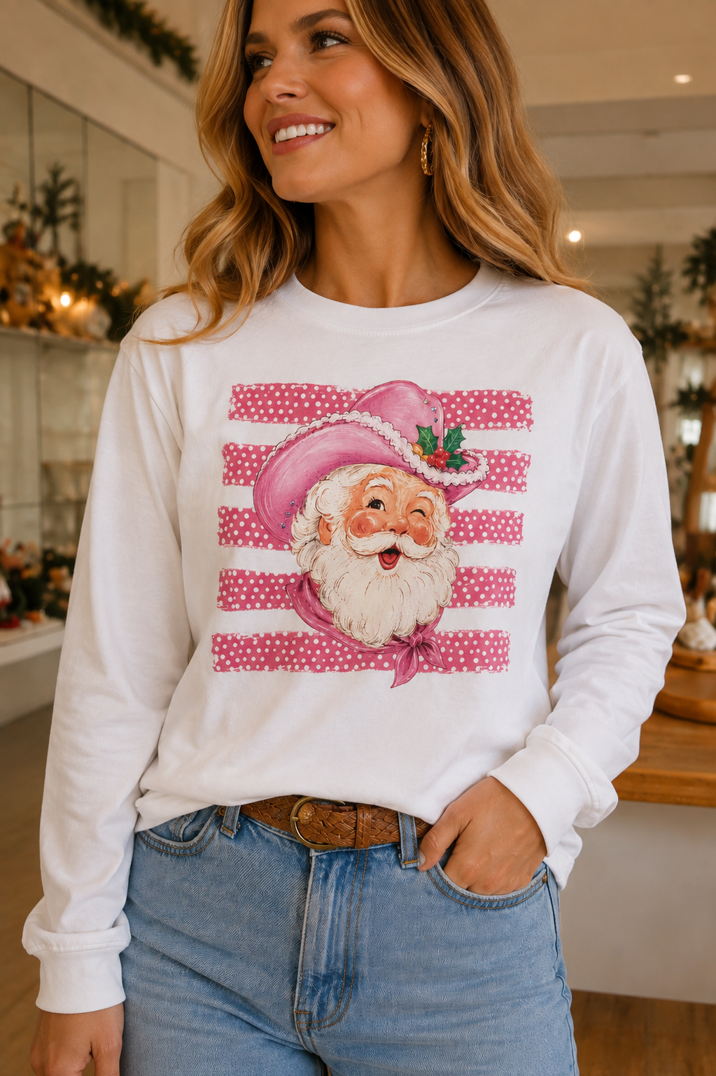 Pink Polka-Dot Santa on White Sweatshirt