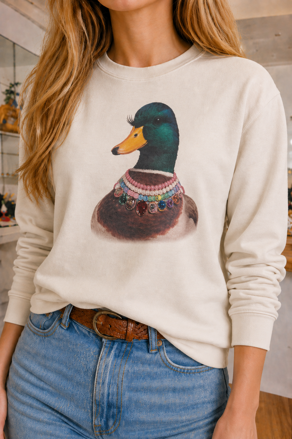 Jeweled Collar Mallard on White and Green Crew and Natural and Green Sweatshirt