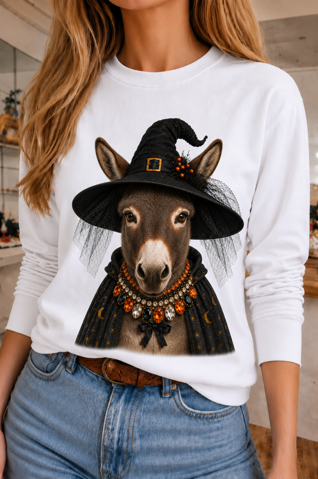 Blingy Witch Donkey on White Long Sleeve