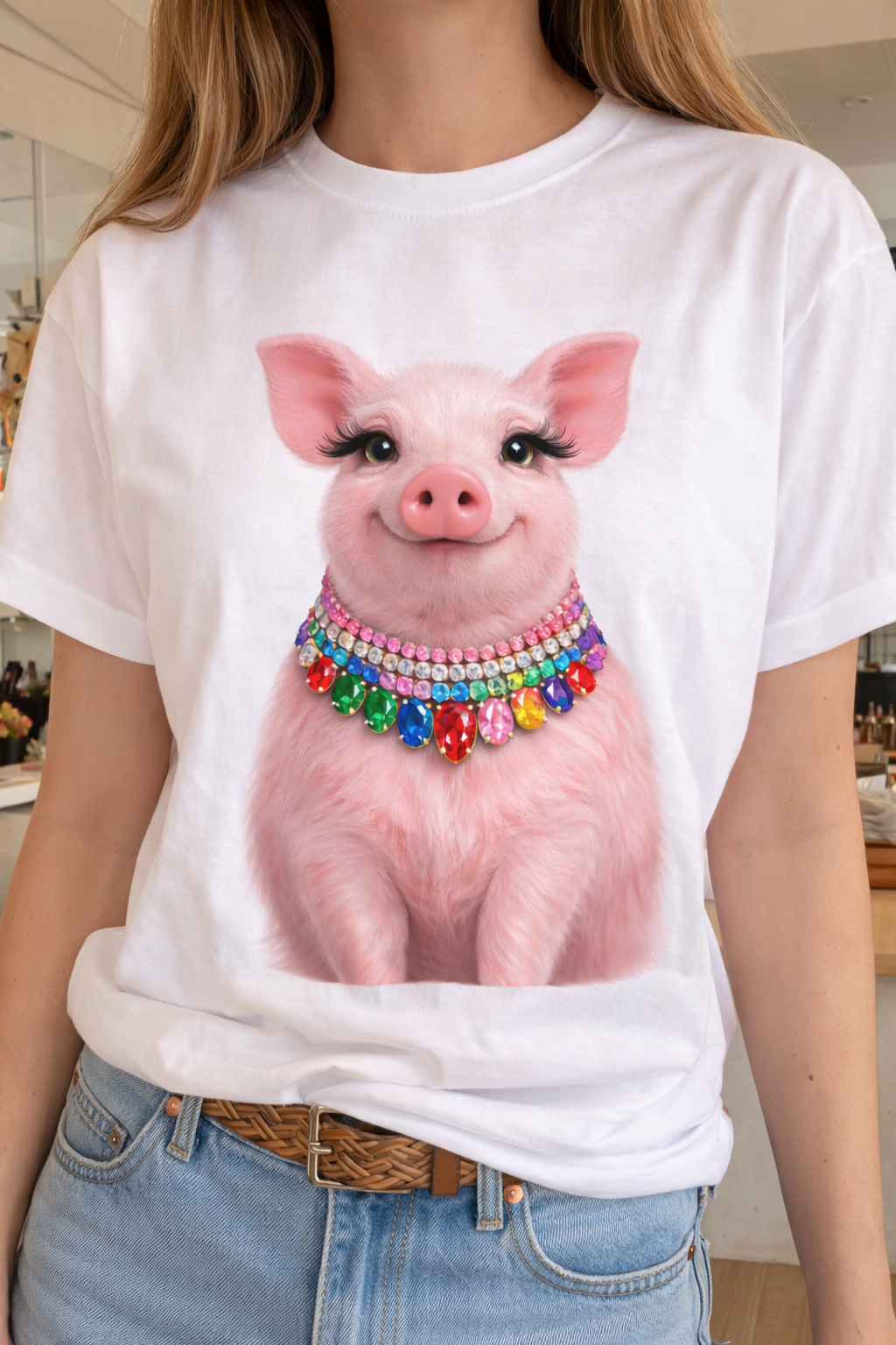 Jeweled Collar Happy Pig on White Crew
