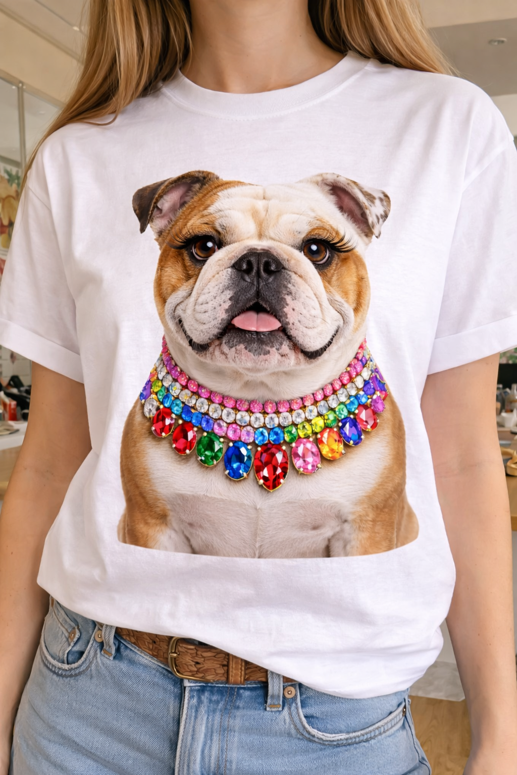 Jeweled Collar Bulldog on White Crew