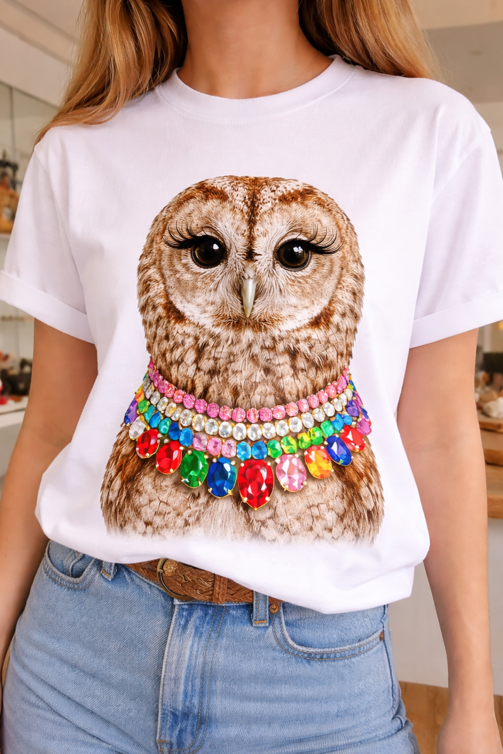 Jeweled Collar Owl on White Crew