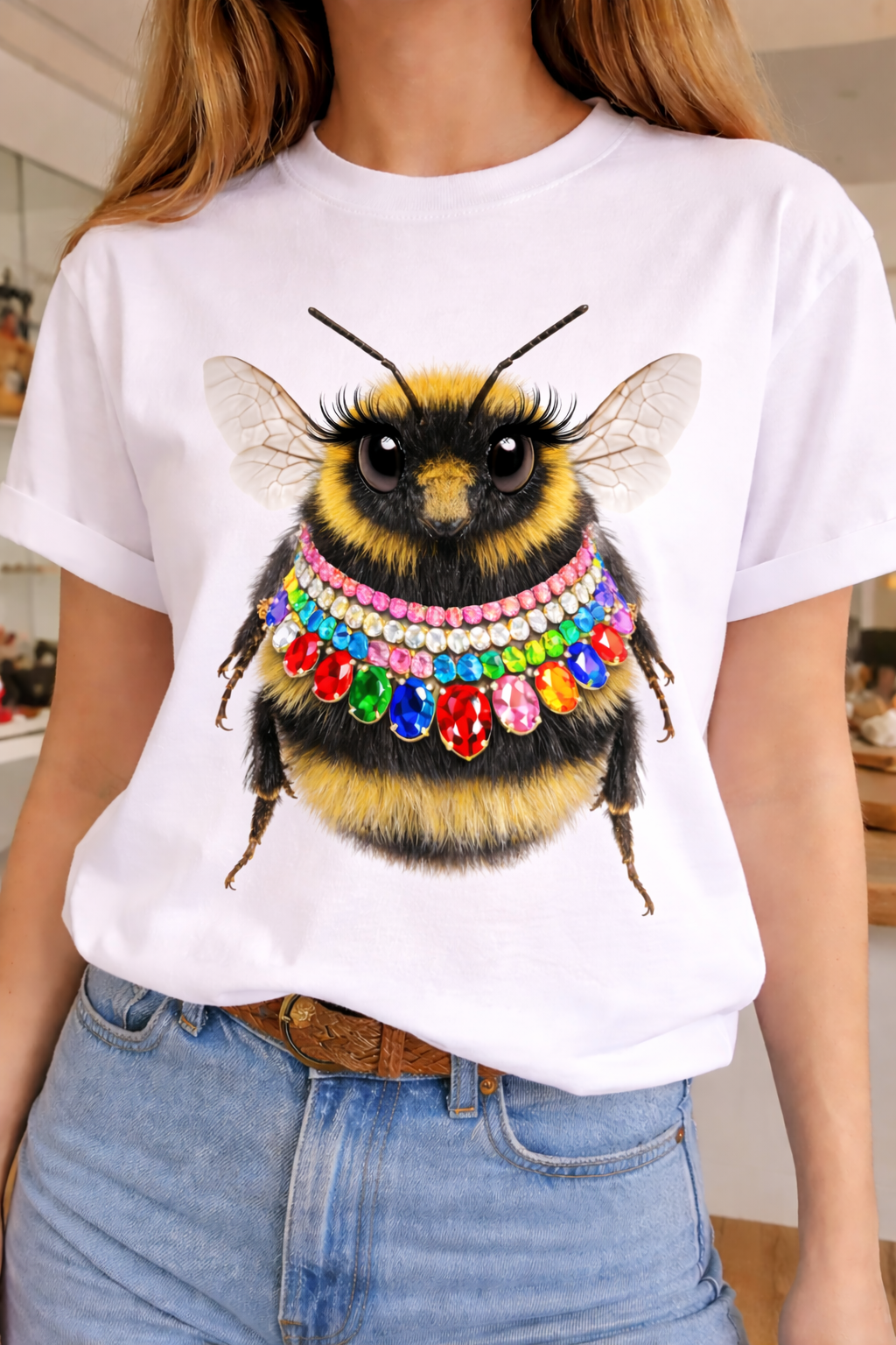 Jeweled Collar Bee on White Crew