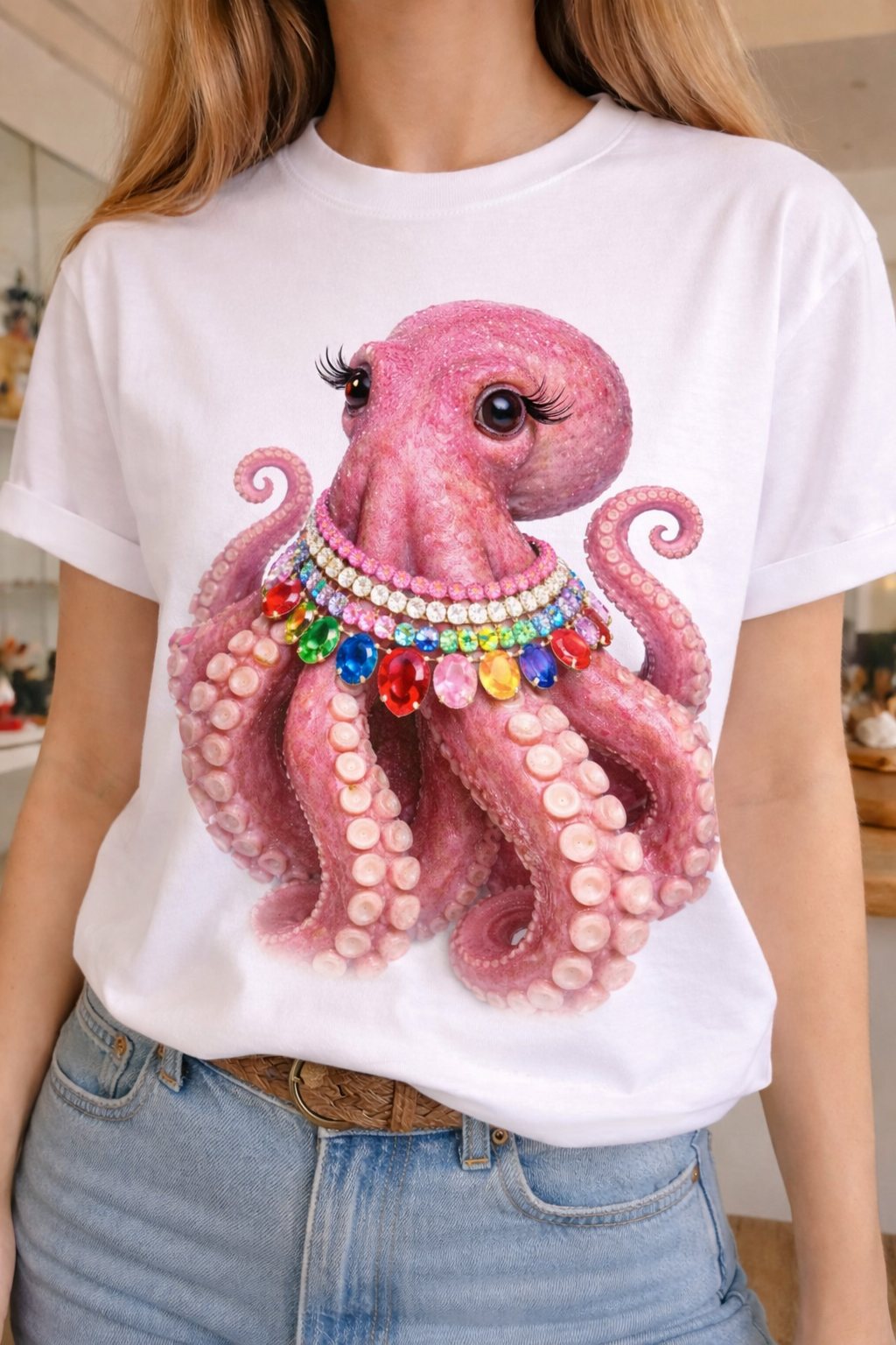 Jeweled Collar Octopus on White Crew