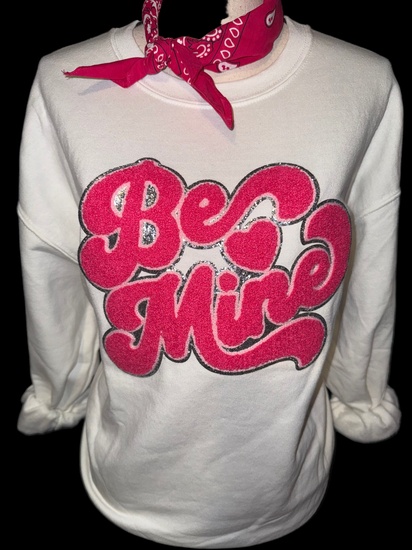 Pink Chenille Be Mine Patch on White Sweatshirt