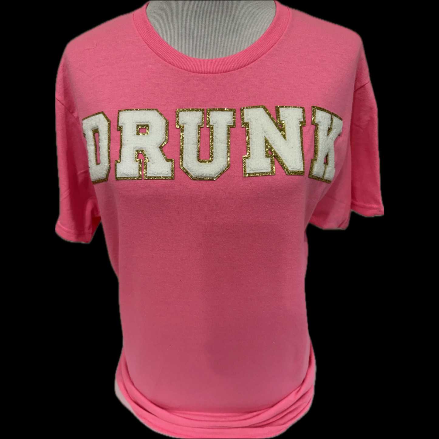 Chenille Drunk (White) on Pink Crew