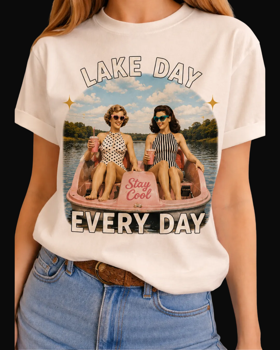 Lake Day on White Crew Tee
