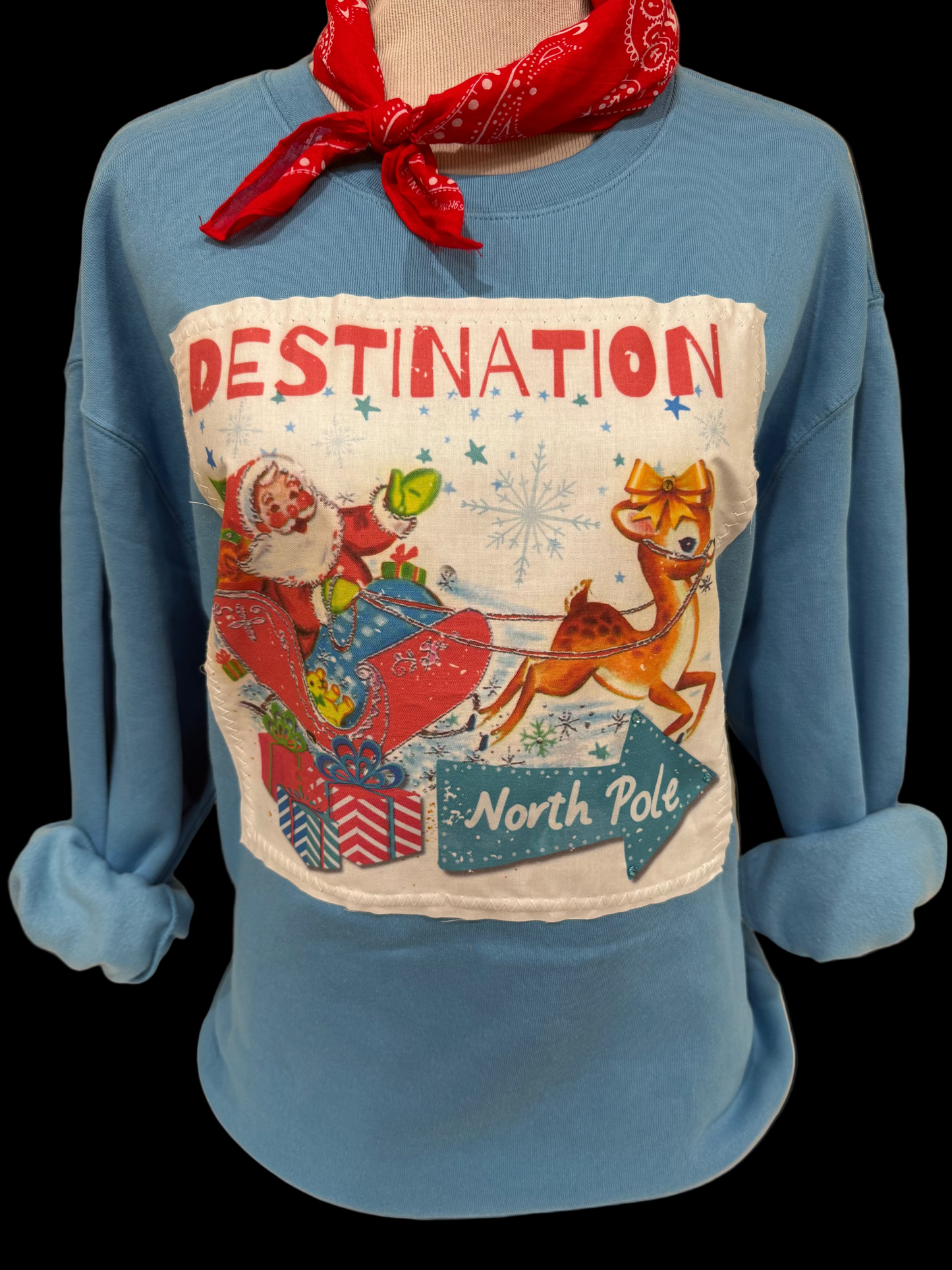 Destination North Pole on Sports Bleached Slate Crew OR Patch Carolina Blue Sweatshirt