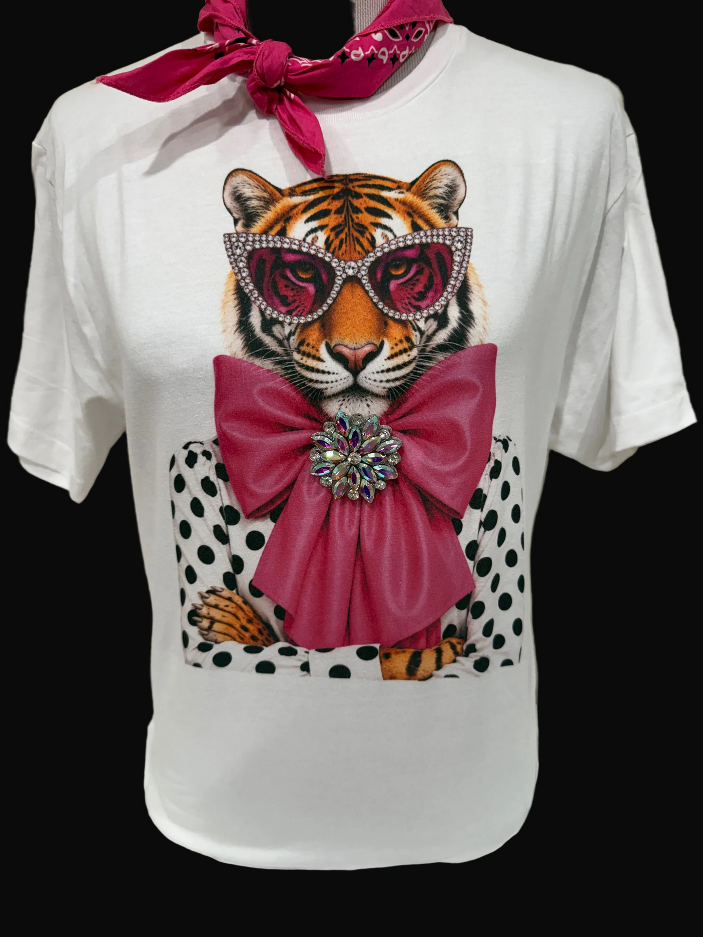Polka Dot Tiger Cropped Cream Tank, White Crew & White Long Sleeve