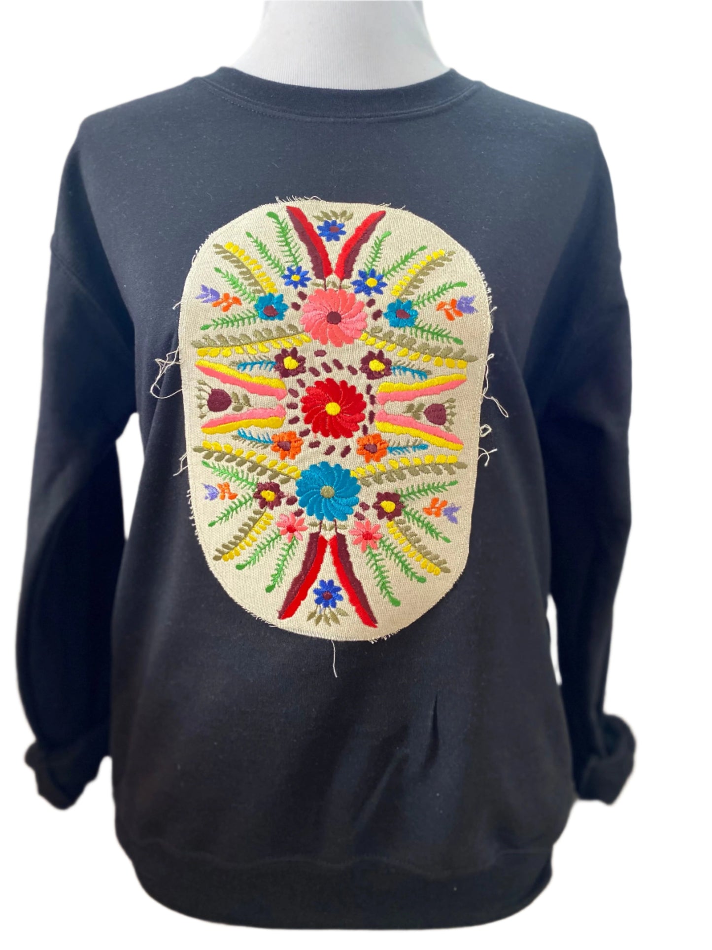 Embroidered Floral Patch on Black Sweatshirt