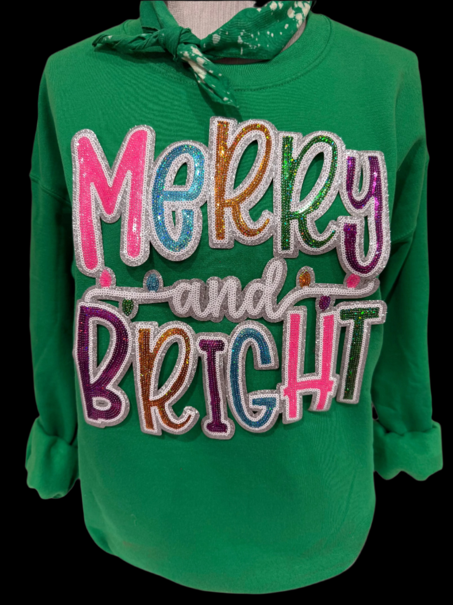 Sequin Glitter Neon Merry and Bright Patch on (Kelly Green, Heliconia, Scuba Blue OR Black) Sweatshirt