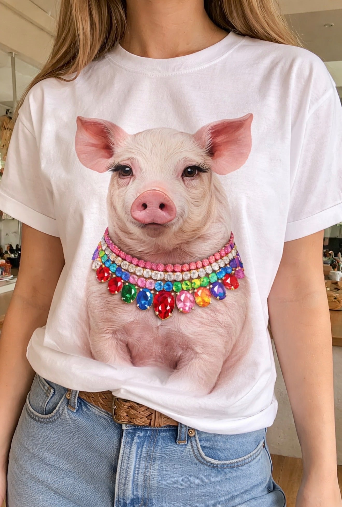 Jeweled Collar Show Pig on White Crew