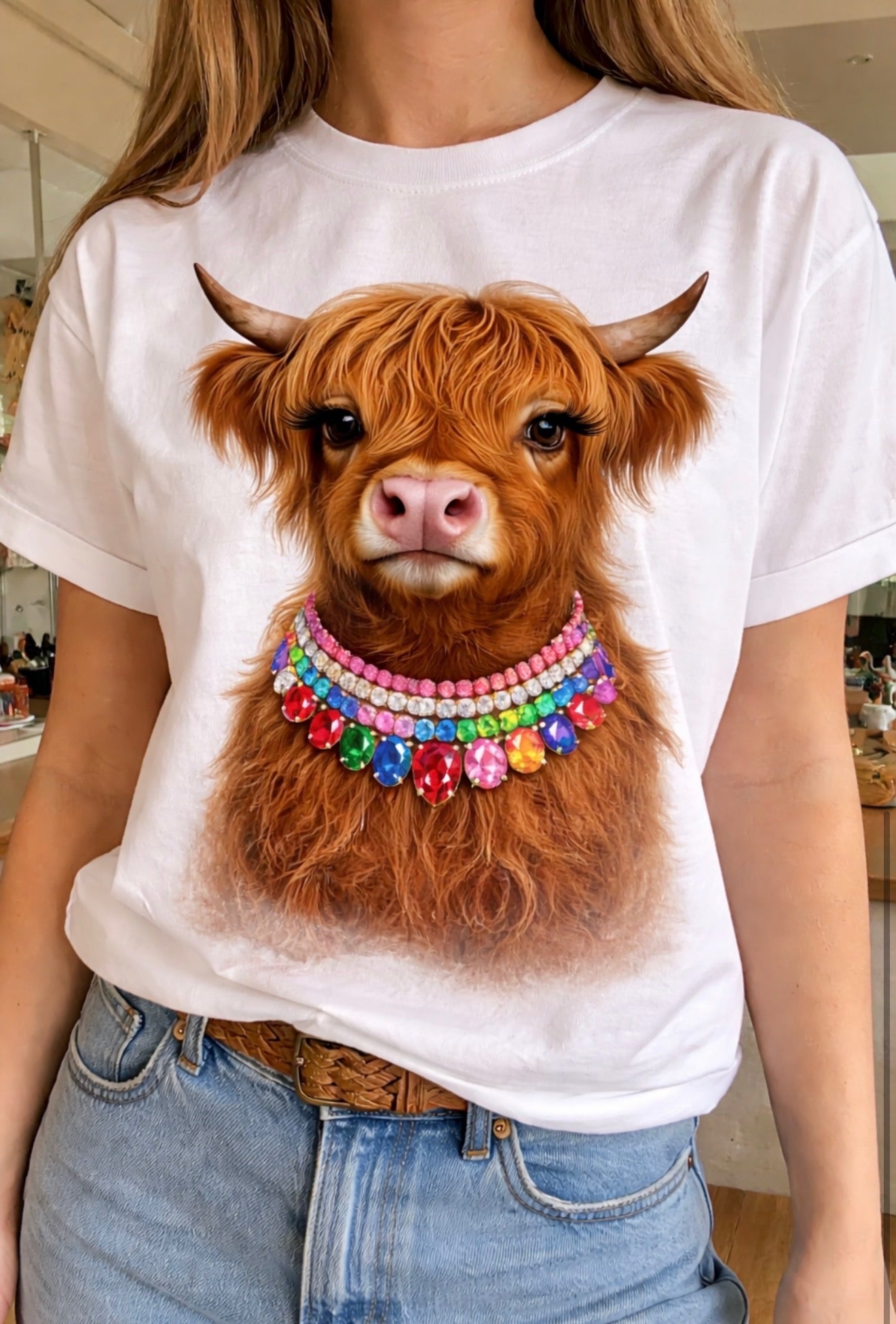 Jeweled Collar Highland Cow on White Crew