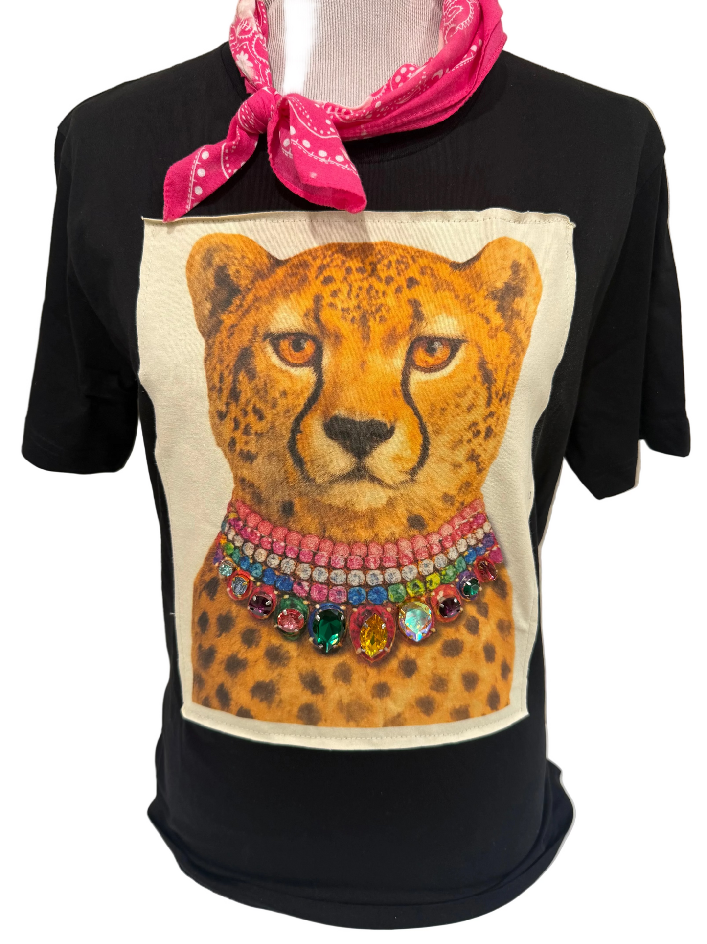 Jeweled Collar Leopard on Patched Pink, Royal and Black Tee