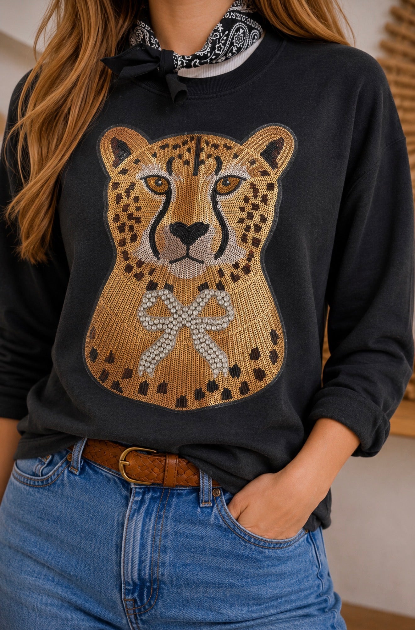 Sequin Bow Leopard on Black Sweatshirt