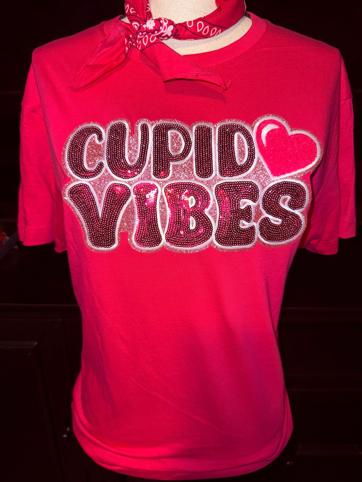Sequin Cupid Vibes Patch on Red Crew