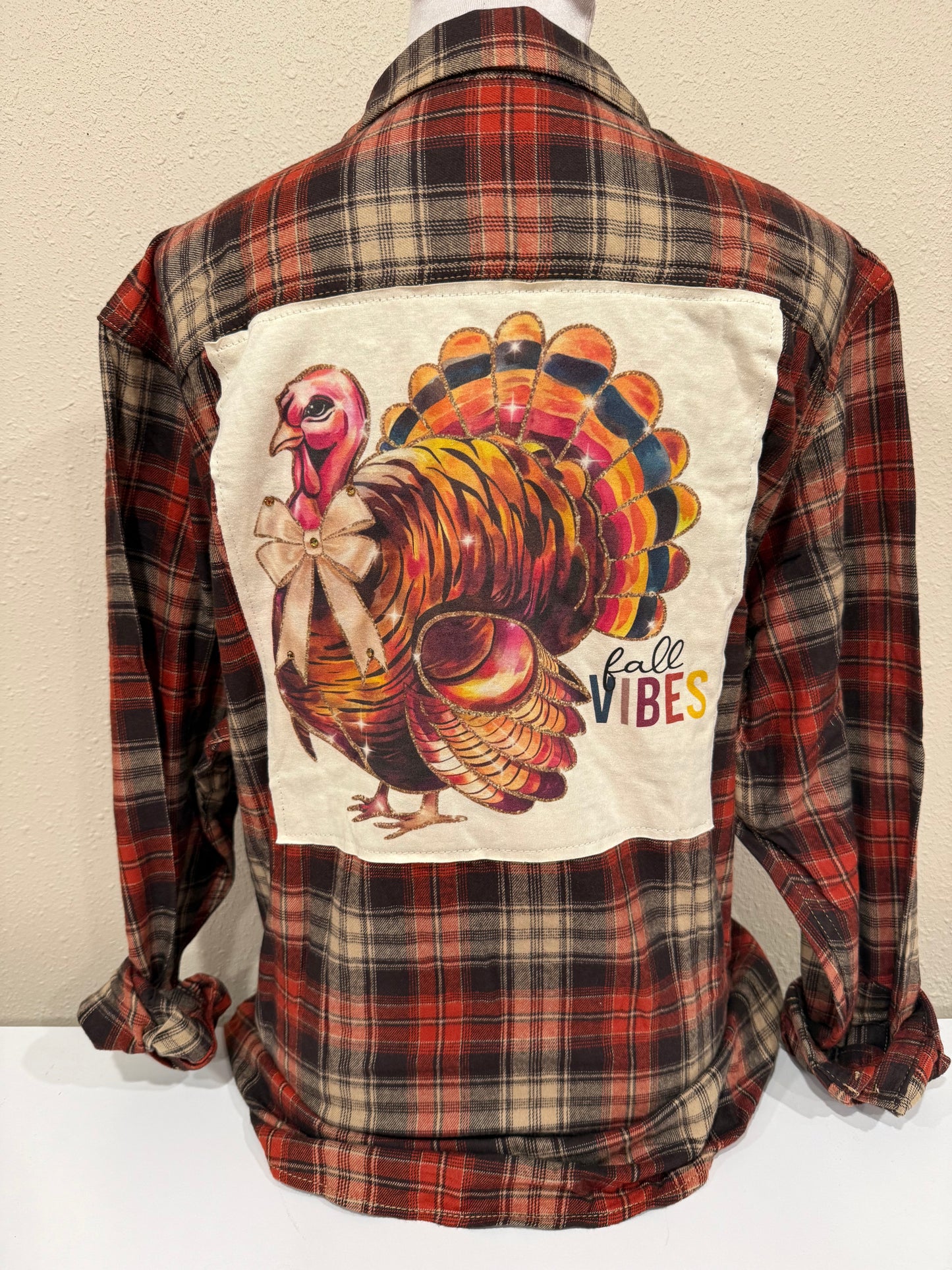 Fall Vibes Turkey Patch on Orange/Brown Flannel