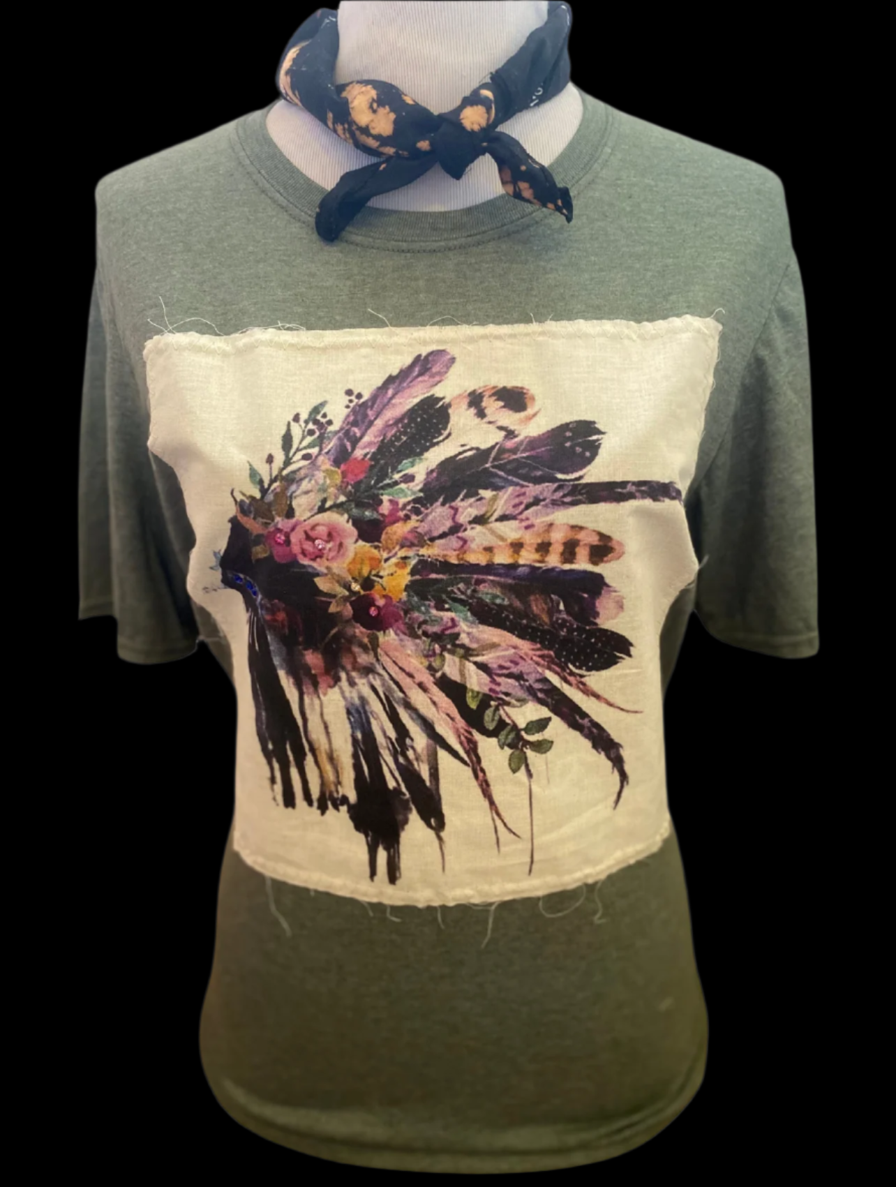 Floral and Feather Headdress Cream Patch on Hth Mil Green Crew