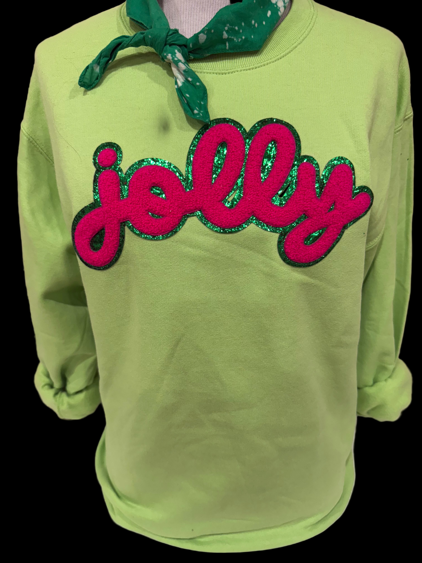Glitter Chenille Pink Script Jolly on (Kelly Green, Lime Green OR Black) Sweatshirt