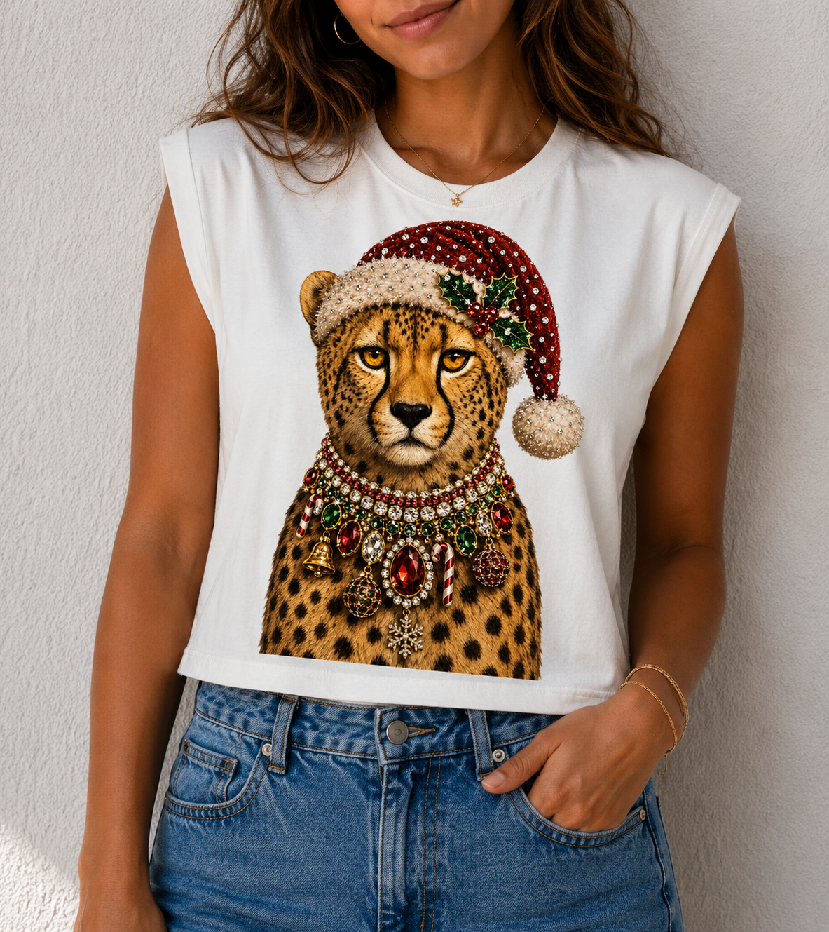 Leopard Christmas on White Cropped Tee