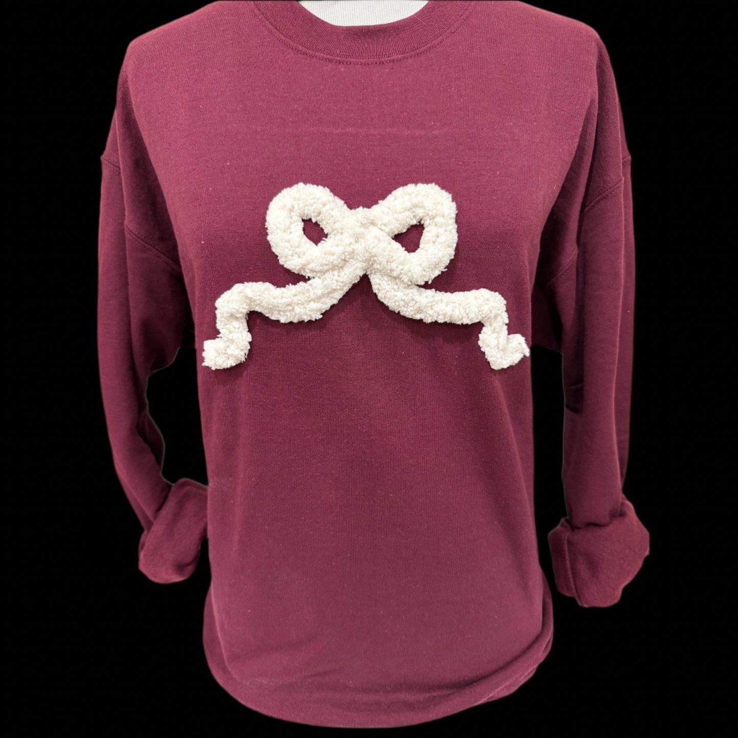 Lexie Bow(White) on Maroon Sweatshirt