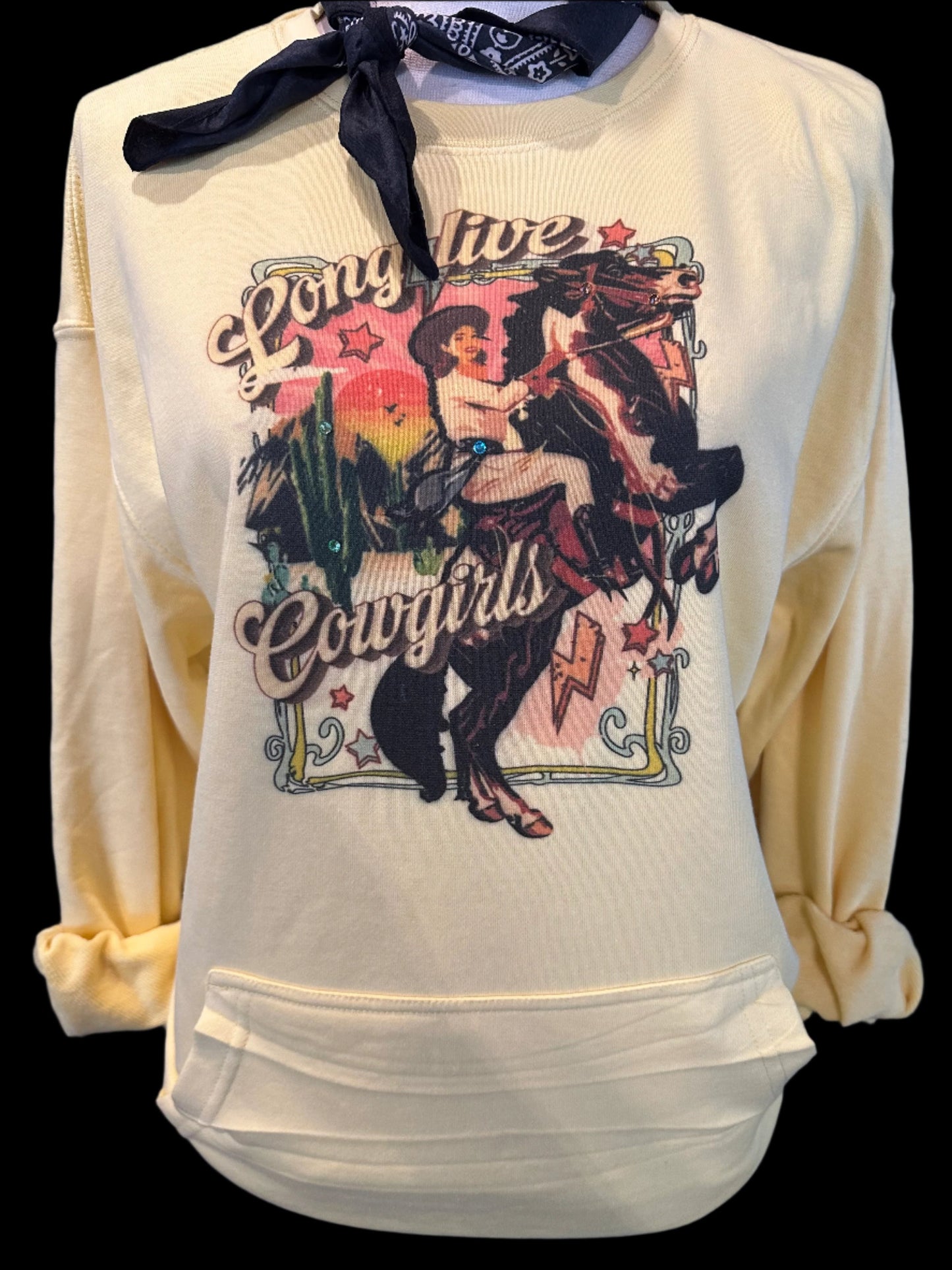 Long Live Cowgirls on Natural Crew OR Front Pocket FT Sweatshirt