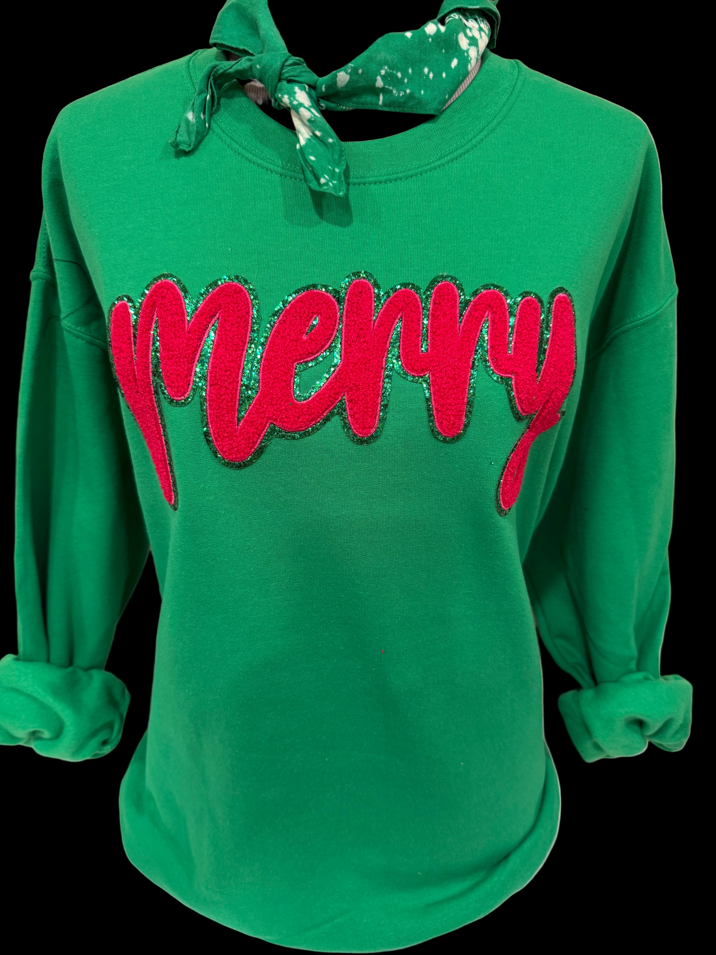 Glitter Chenille (Pink OR Red) Script Merry Patch on Kelly Green Sweatshirt