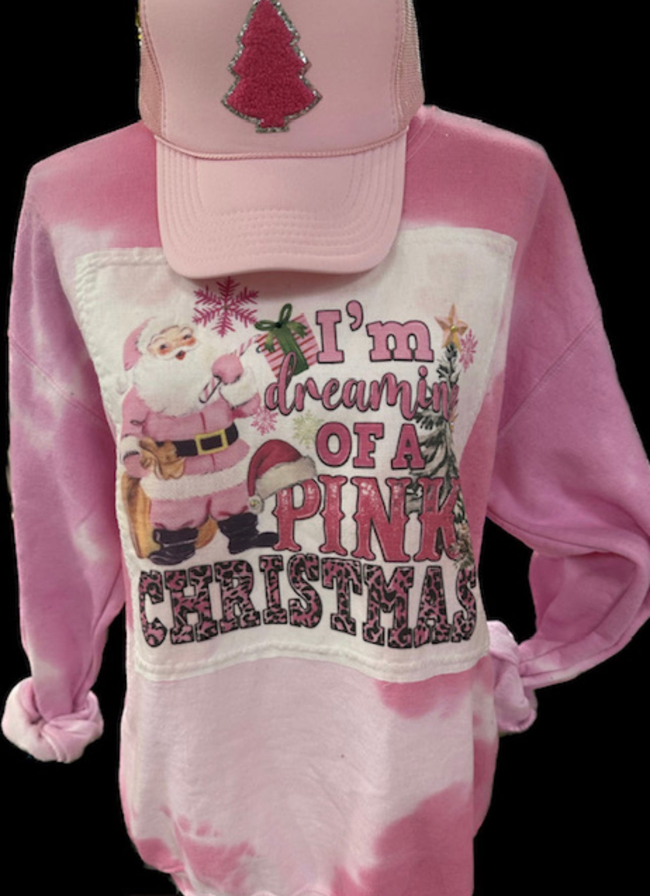 Pink Christmas White Patch on Pink Spilt Tie Dyed Sweatshirt