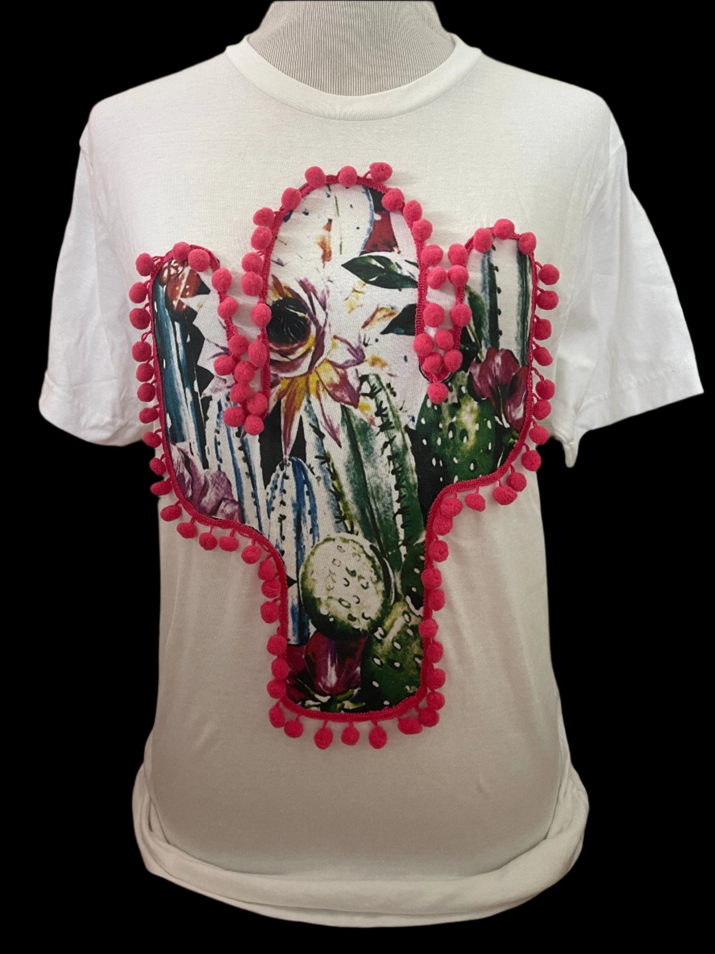 Pink Pom Trimmed Cactus on White Crew