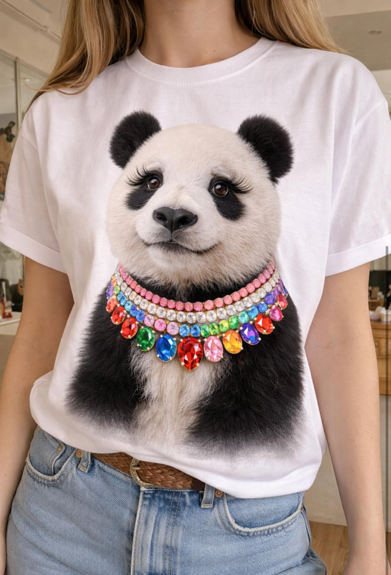 Jeweled Collar Panda on White Crew