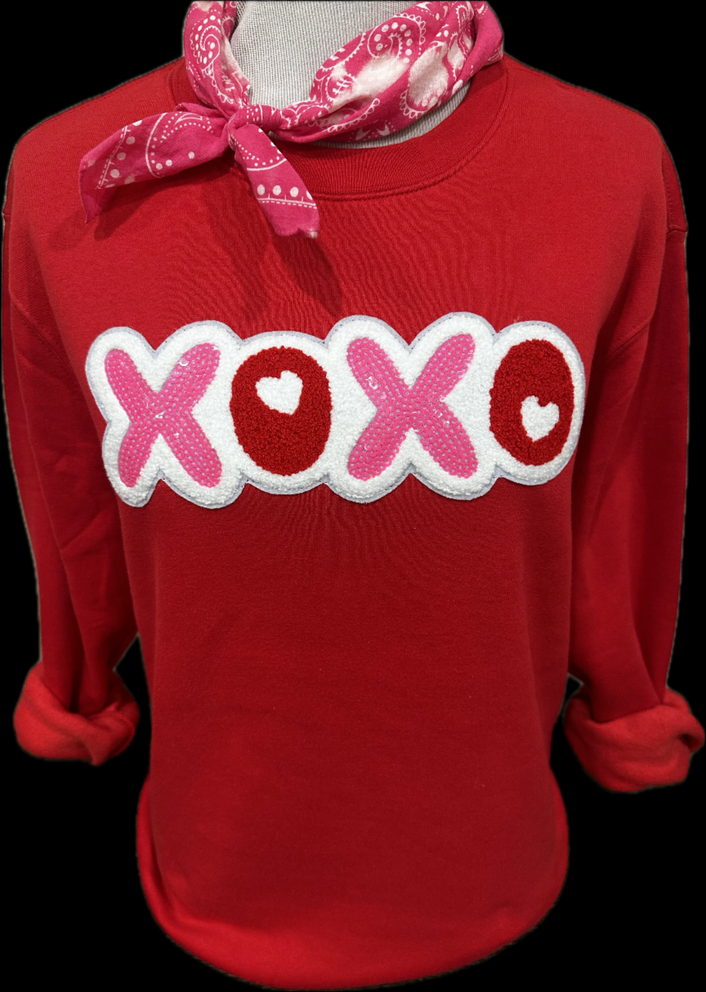 Sequin/Chenille XOXO on Red Sweatshirt