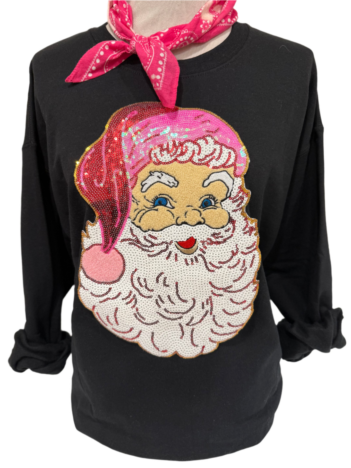 Sequin Santa Face on (Red, Kelly Green, Heliconia, Light Pink OR Black) Sweatshirt