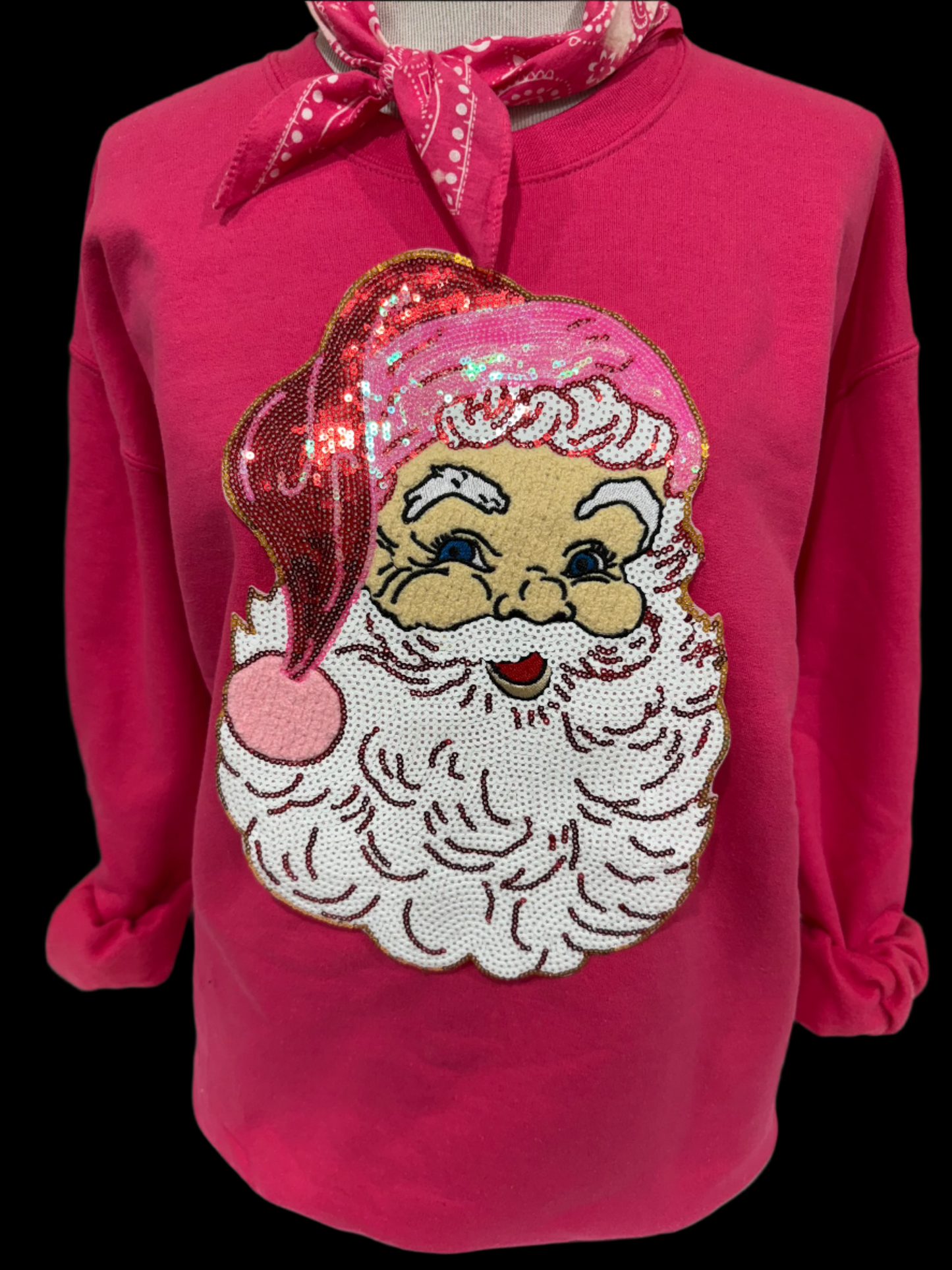 Sequin Santa Face on (Red, Kelly Green, Heliconia, Light Pink OR Black) Sweatshirt