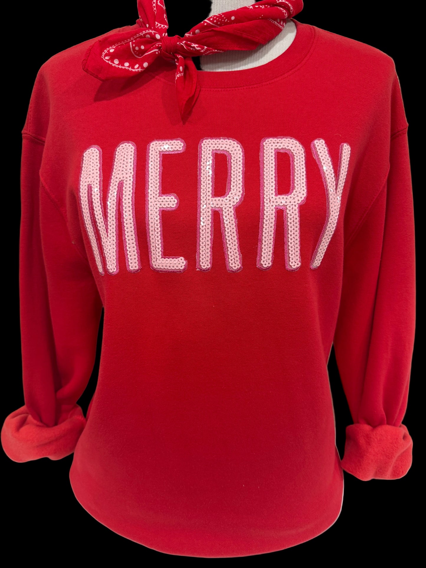 Sequin Pink Merry on (Heliconia, Kelly Green or Red) Sweatshirt
