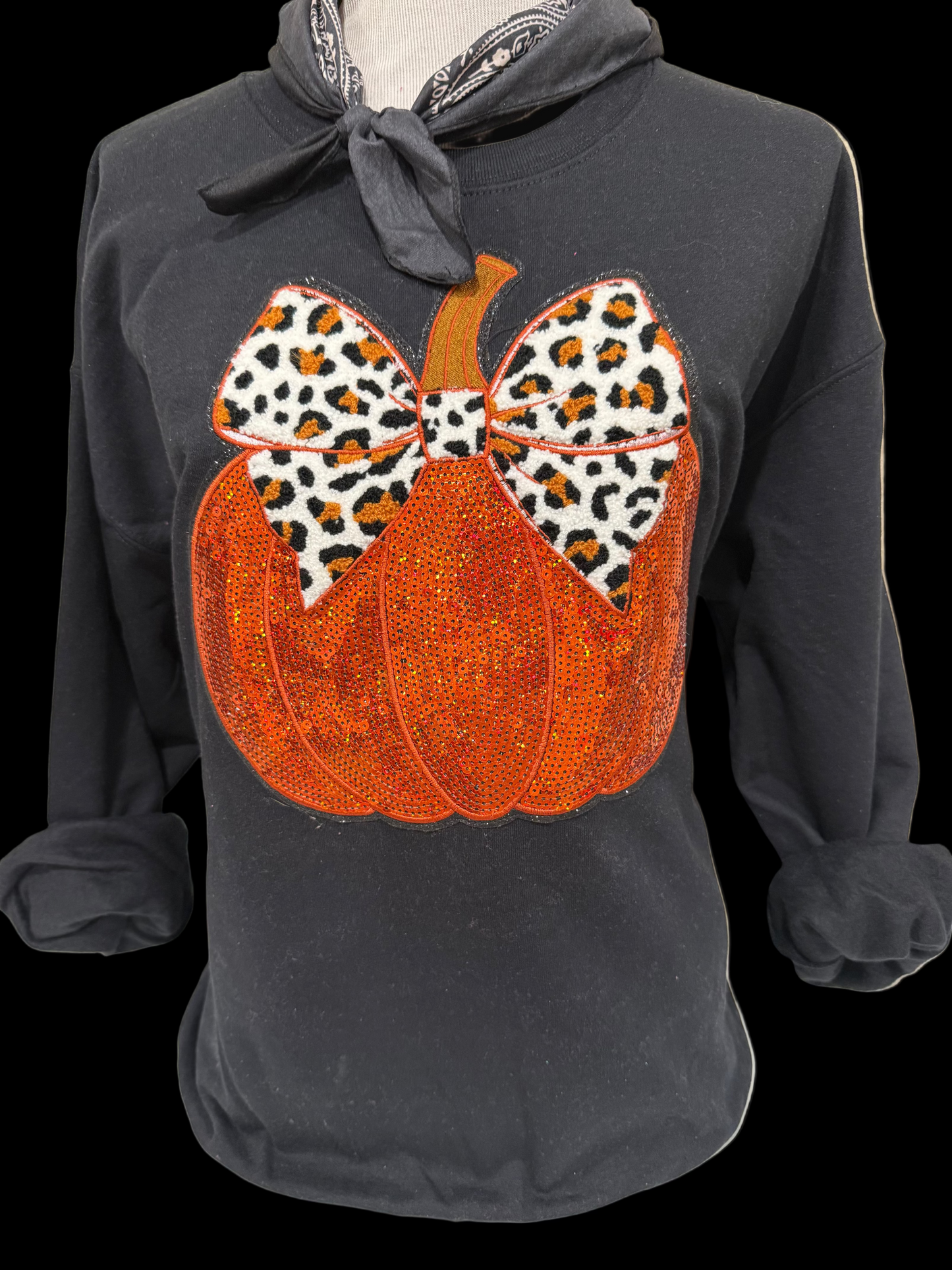 Sequin Pumpkin on Black Sweatshirt