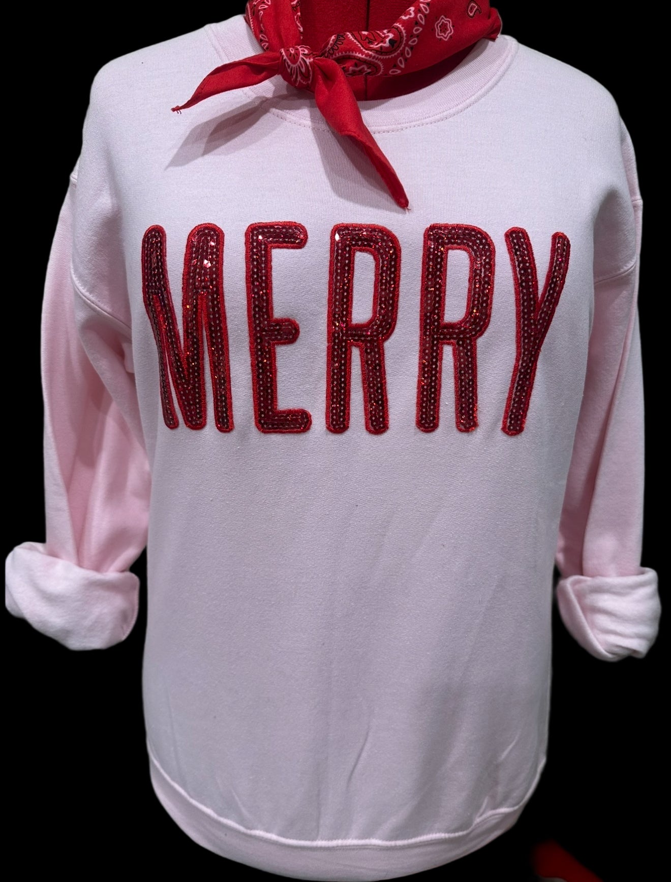 Sequin Red Merry on (Kelly Green or Light Pink) Sweatshirt