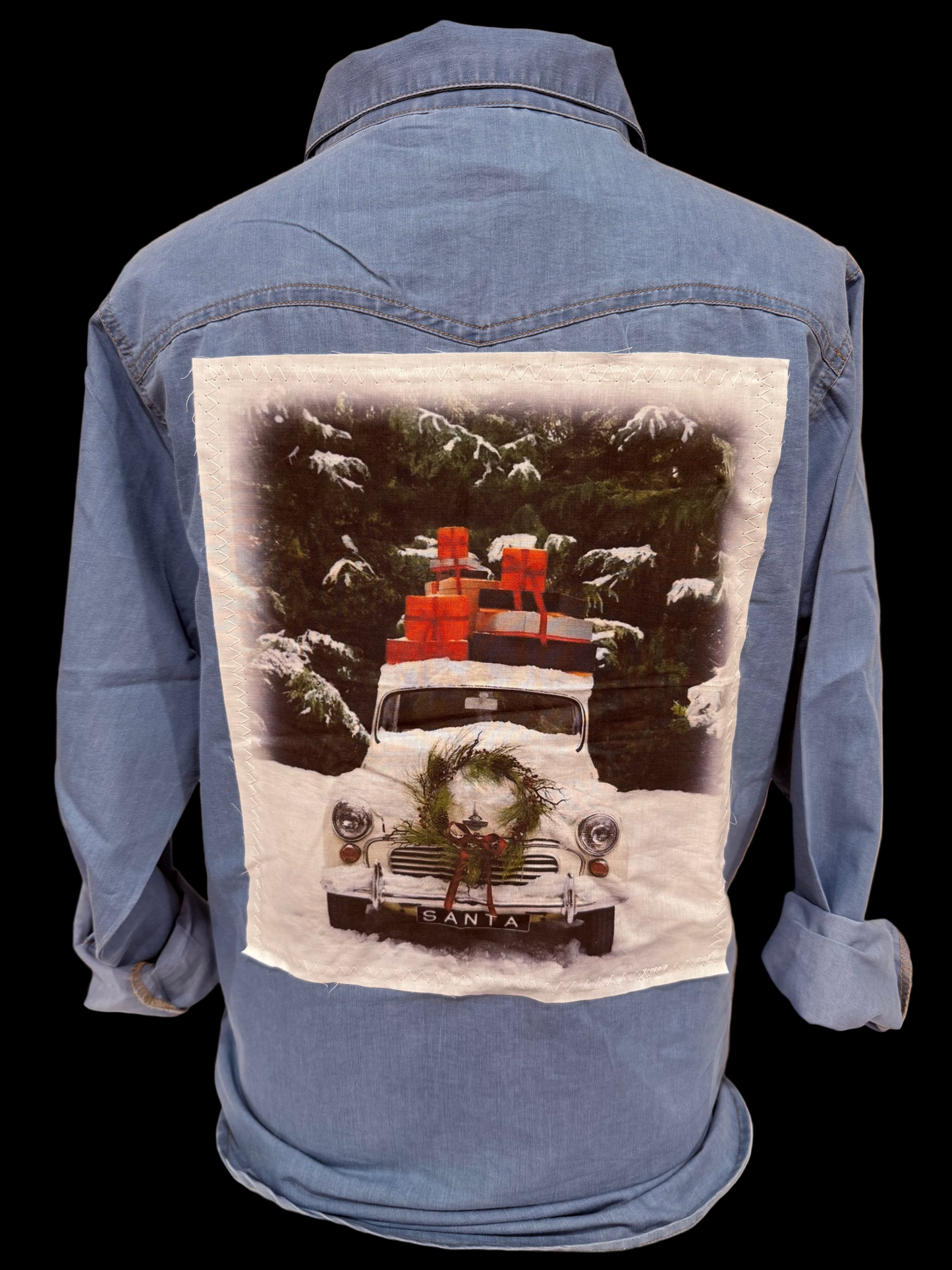 Christmas Snow Truck Patch on Denim Chambray