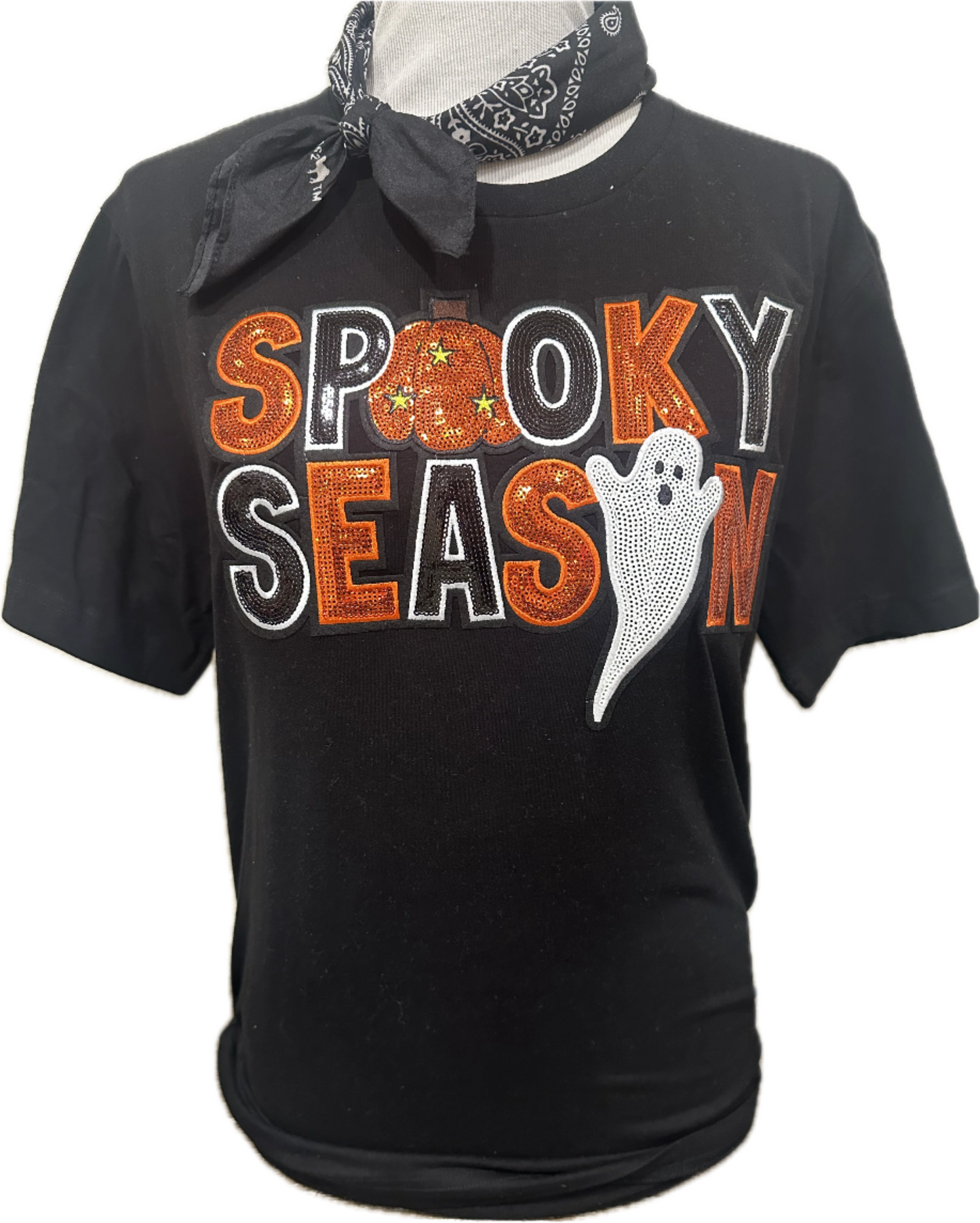 Sequin Spooky Season Patch on (Hth Grey or Black) Crew OR (White or Black) Long Sleeve