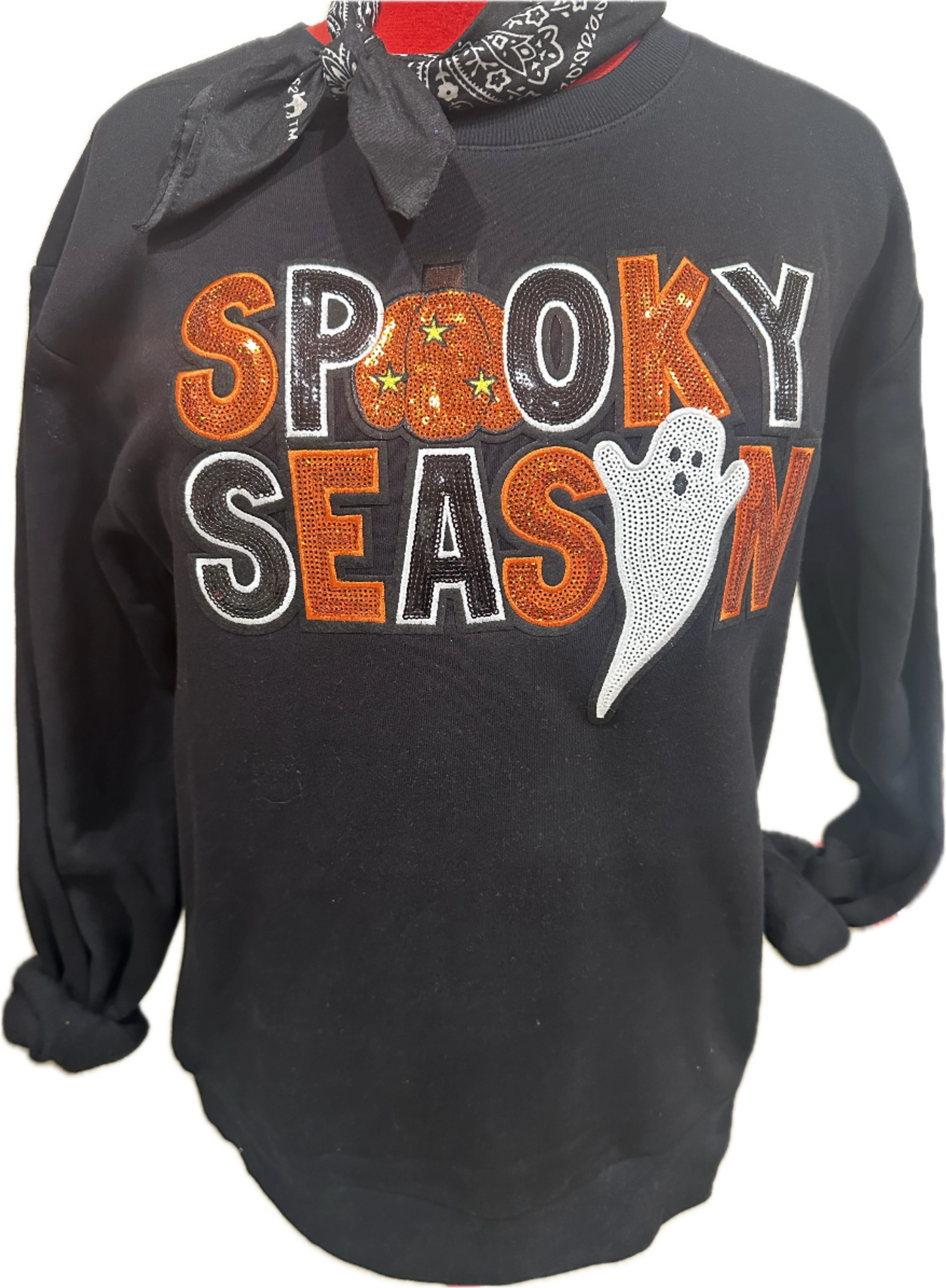 Sequin Spooky Season Patch on (Hth Grey or Black) Crew OR (White or Black) Long Sleeve