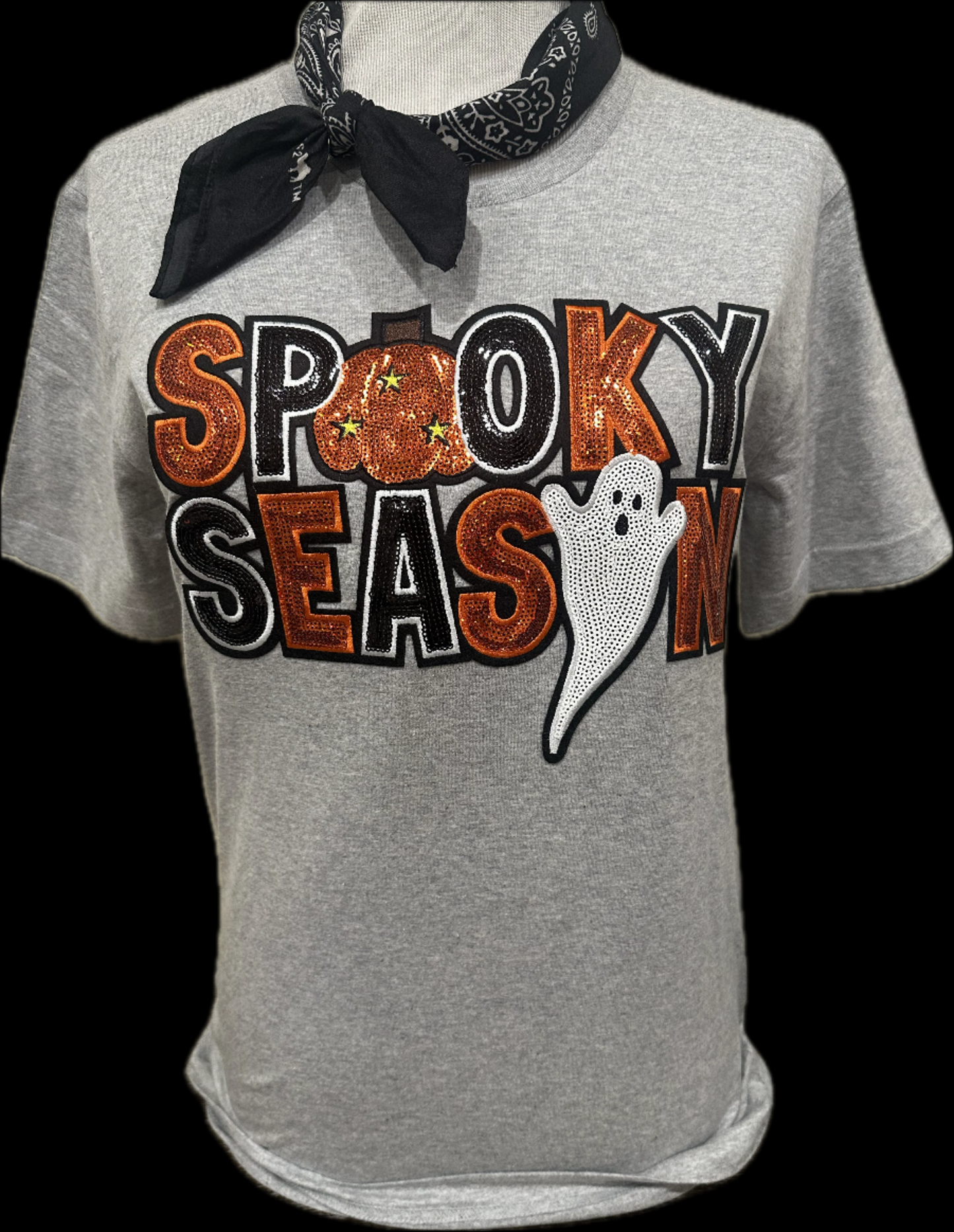 Sequin Spooky Season Patch on (Hth Grey or Black) Crew OR (White or Black) Long Sleeve