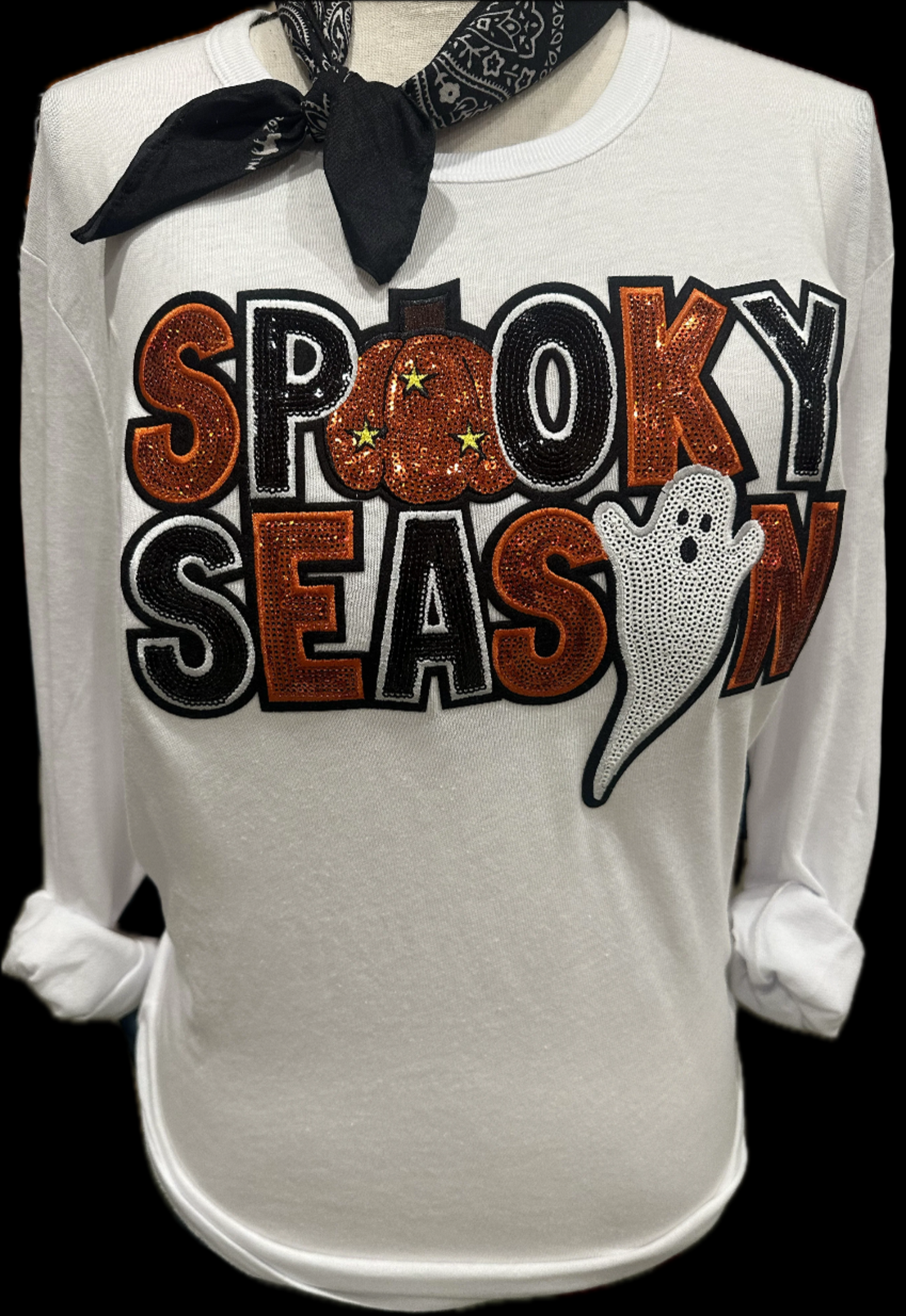 Sequin Spooky Season Patch on (Hth Grey or Black) Crew OR (White or Black) Long Sleeve