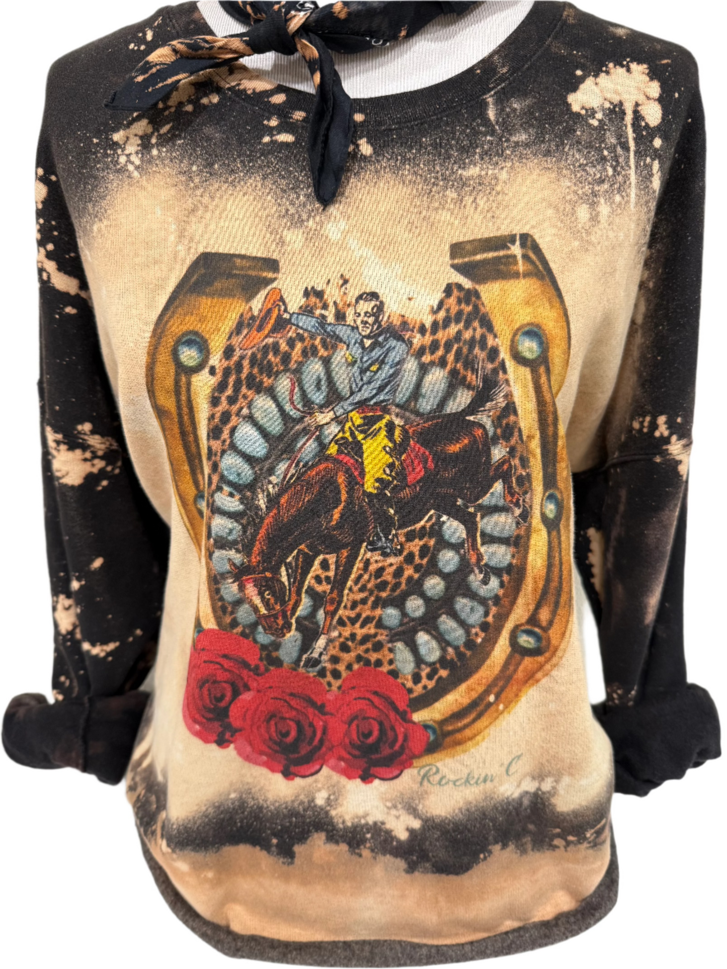 Turquoise Horseshoe on Sports Bleached Black Sweatshirt